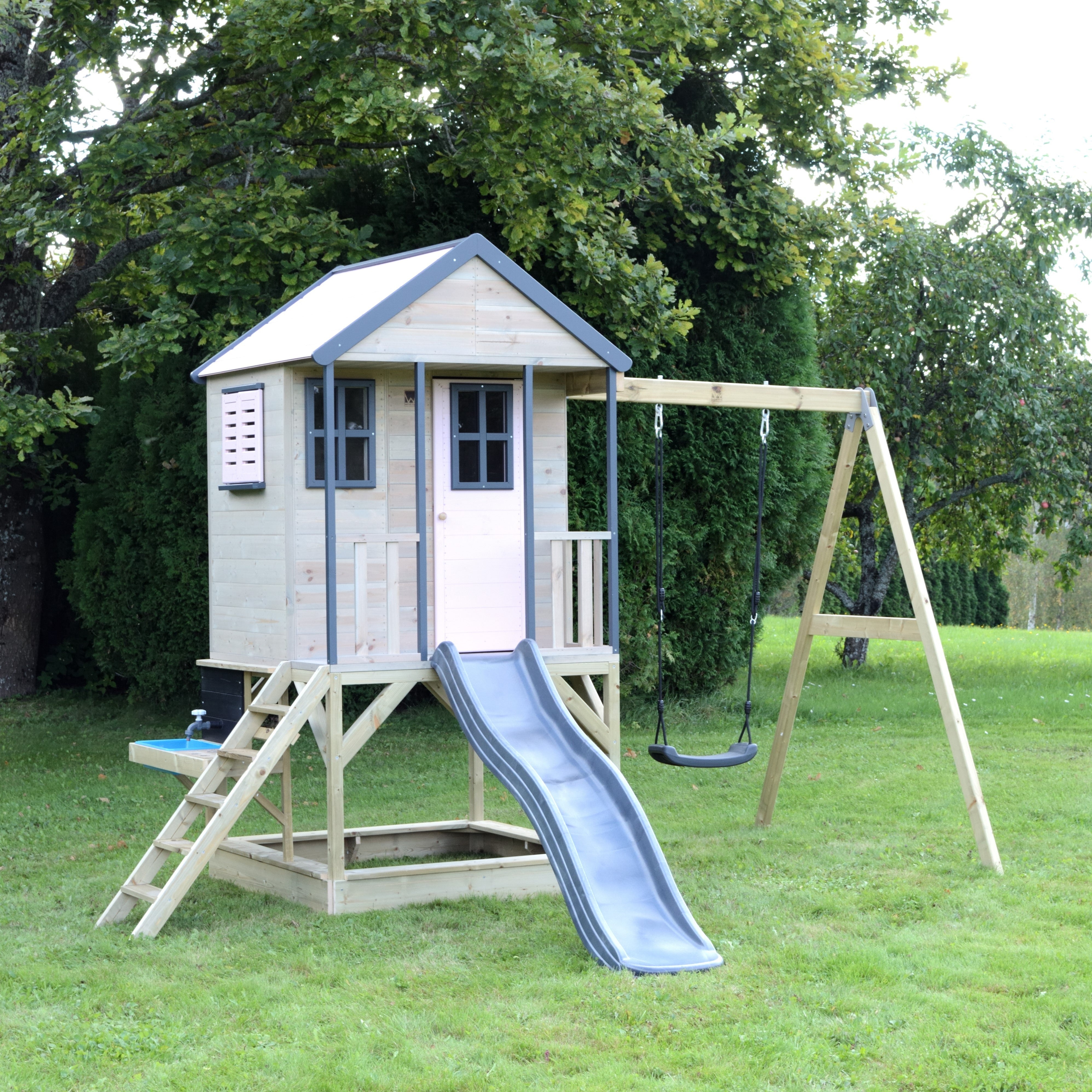 M50-K Adventure Cottage House with Platform, Slide and Single Swing + Kitchen Attachment