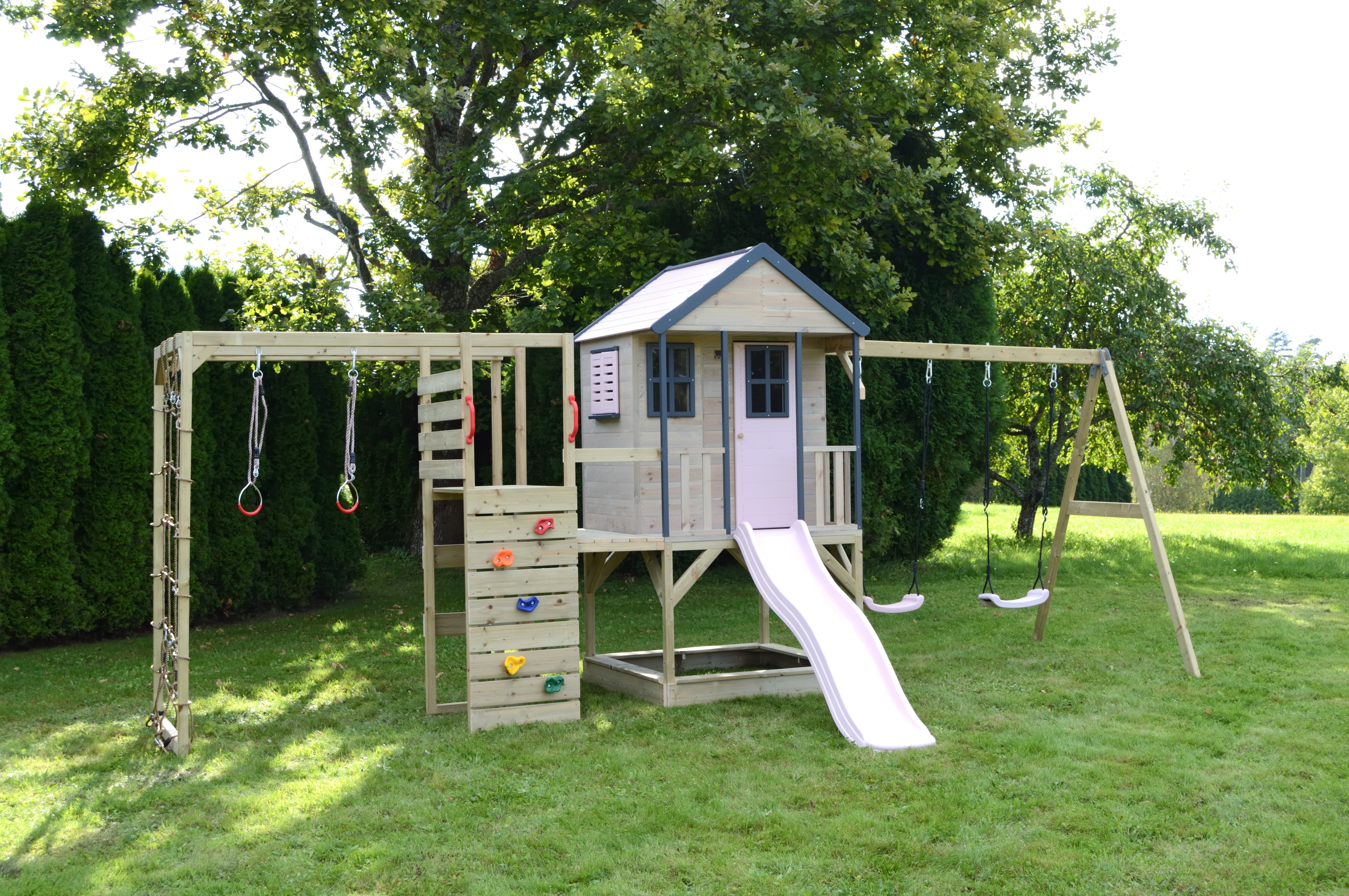 M60-G Adventure Cottage House with Platform, Slide and Double Swing + Gym Attachment