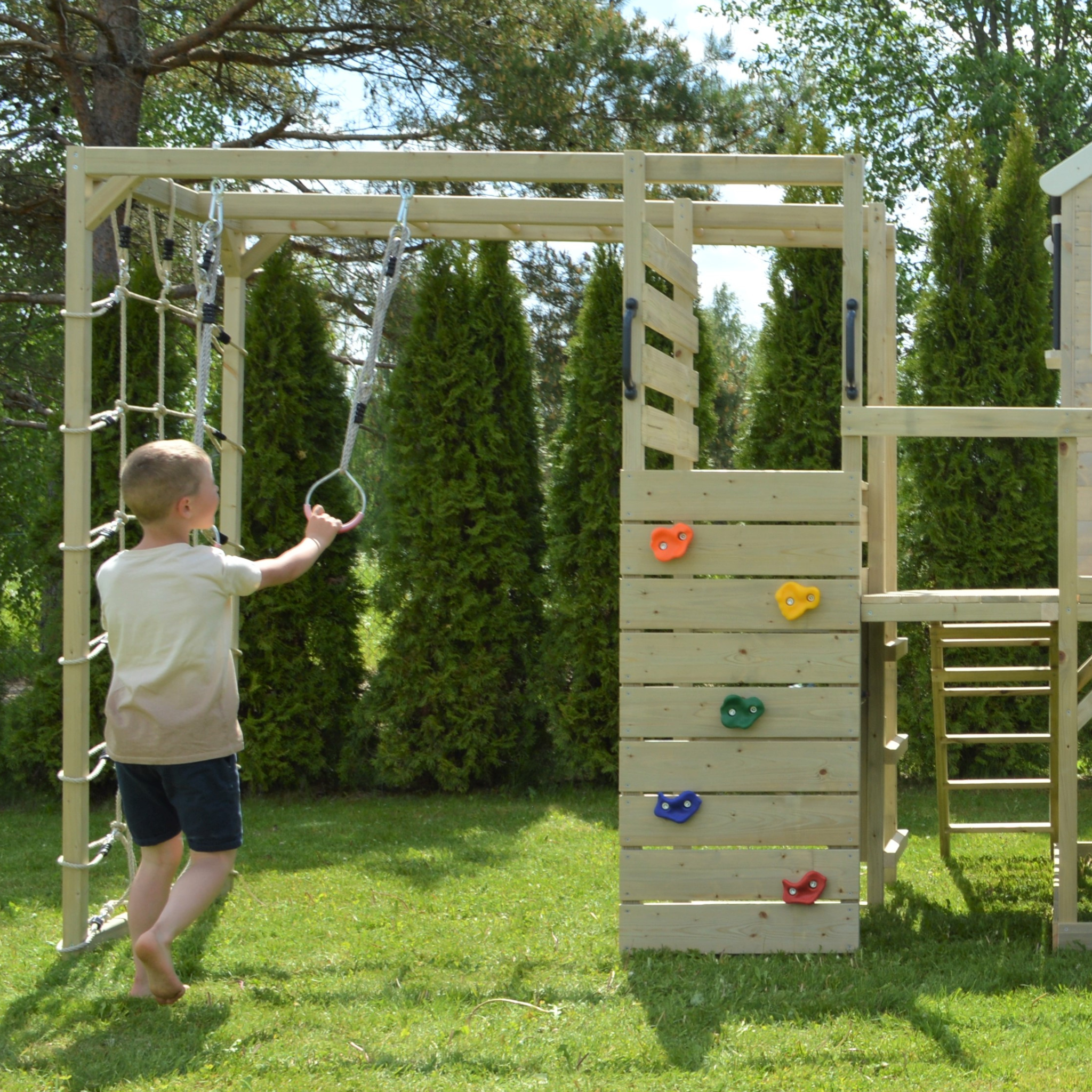 M10R-G Nordic Adventure House with Platform, Slide and Single Swing + Gym Attachment