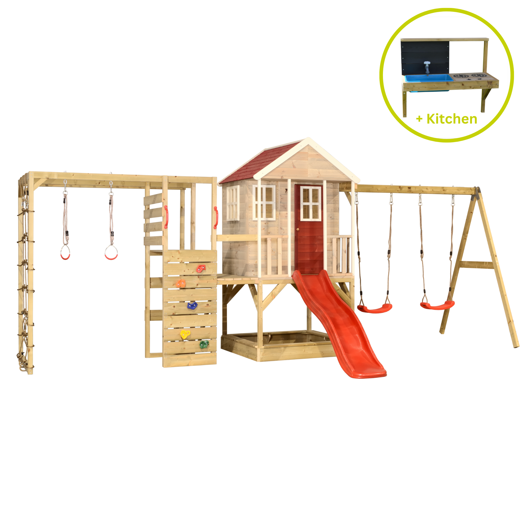 M30R-GK Nordic Adventure House with Platform, Slide and Double Swing + Gym & Kitchen Attachment