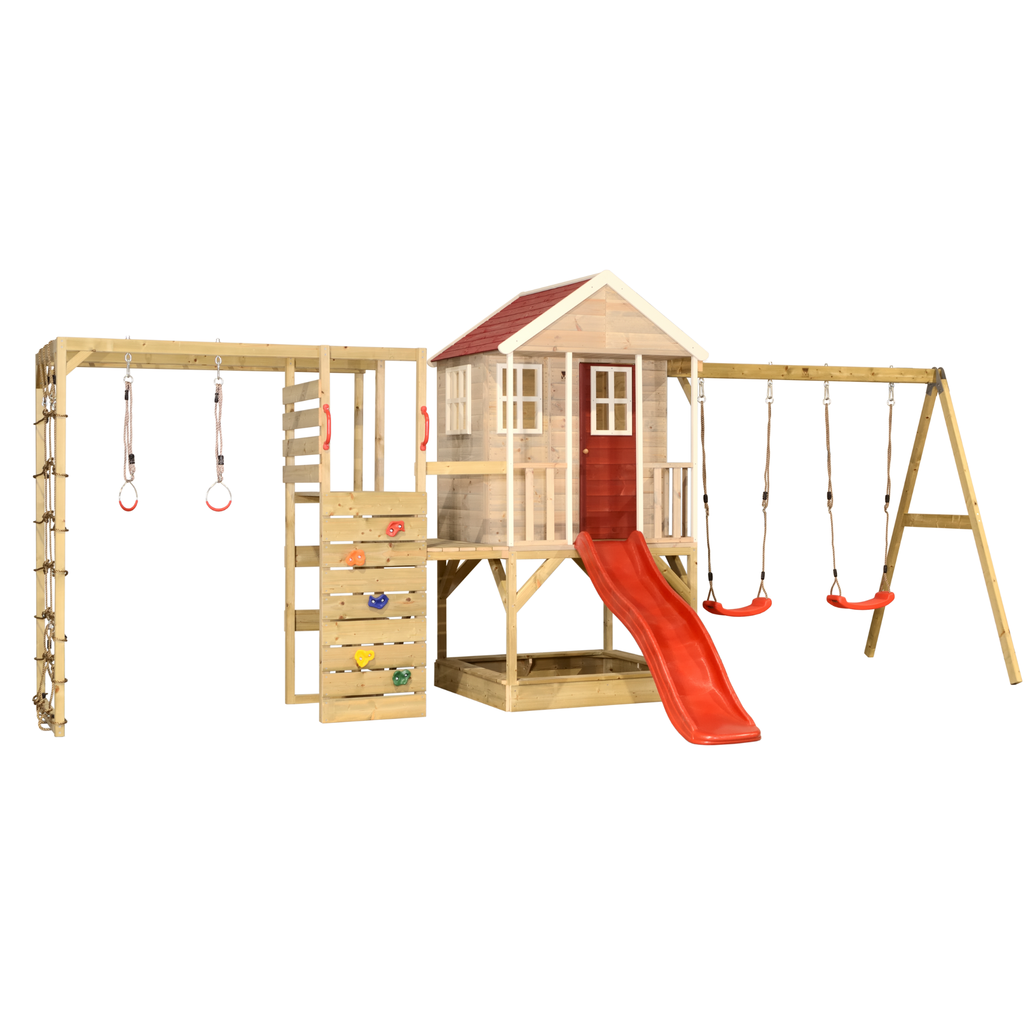 M30R-G Nordic Adventure House with Platform, Slide and Double Swing + Gym Attachment