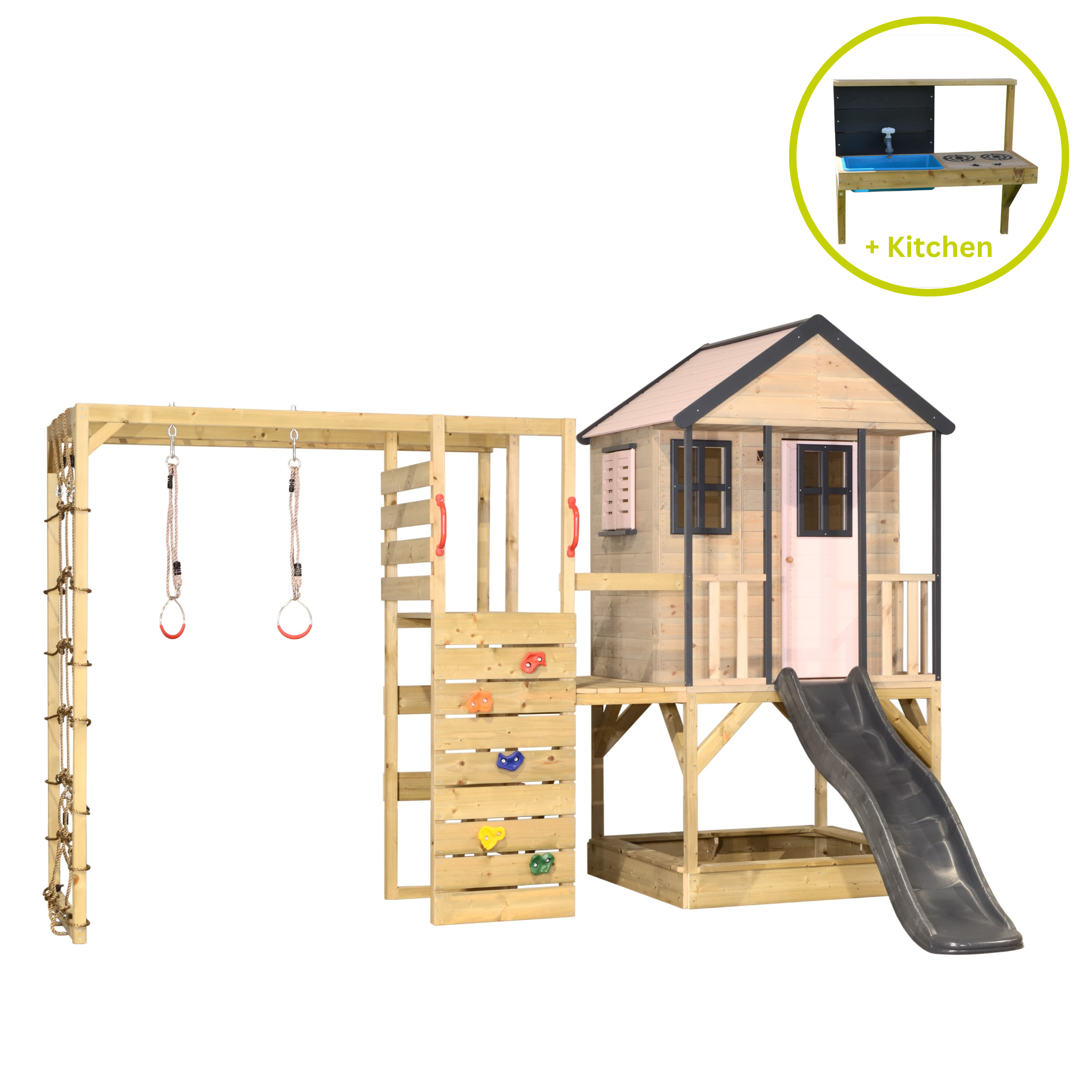 M48-GK Adventure Cottage House with Platform and Slide + Gym & Kitchen Attachment