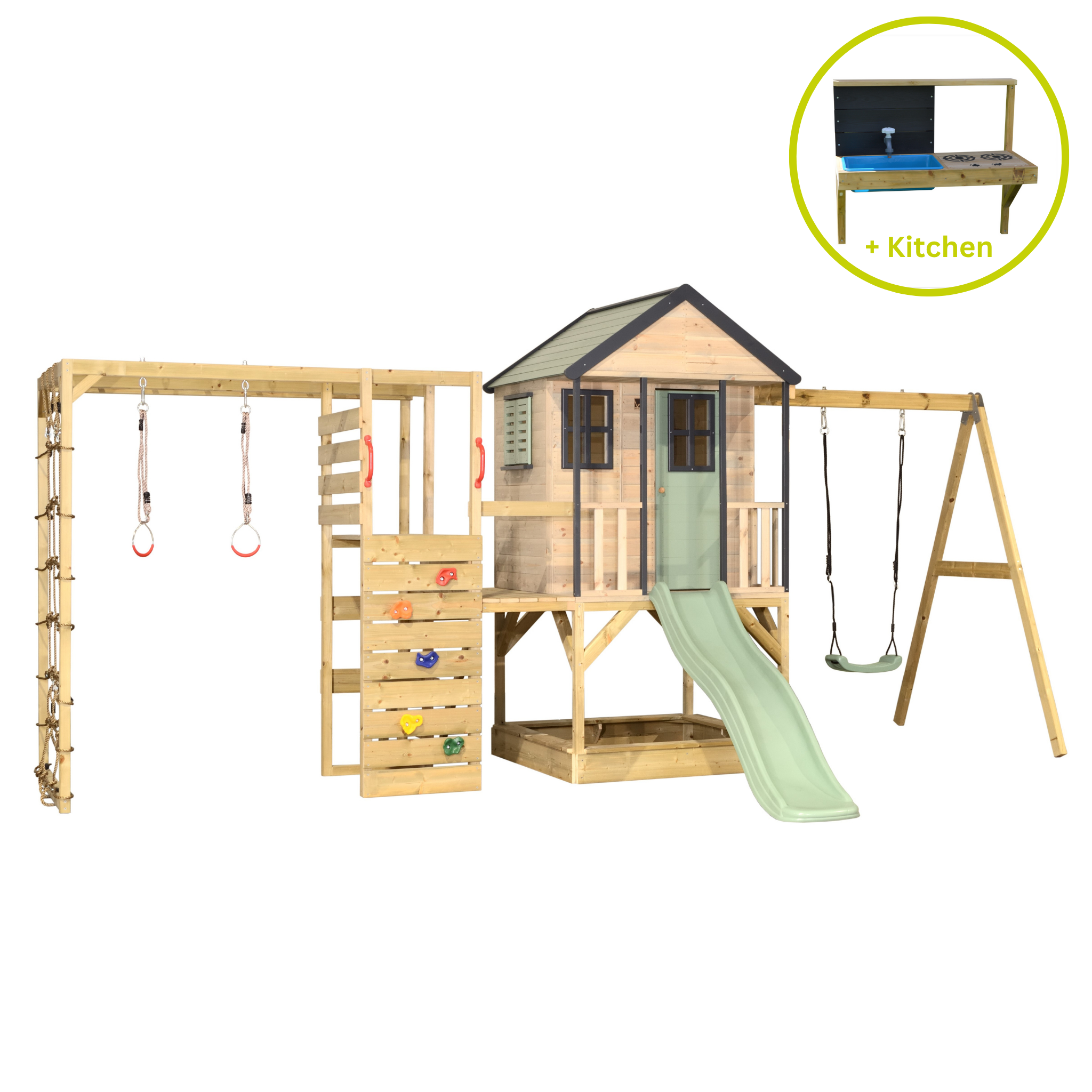 M50-GK Adventure Cottage House with Platform and Slide + Gym & Kitchen Attachment