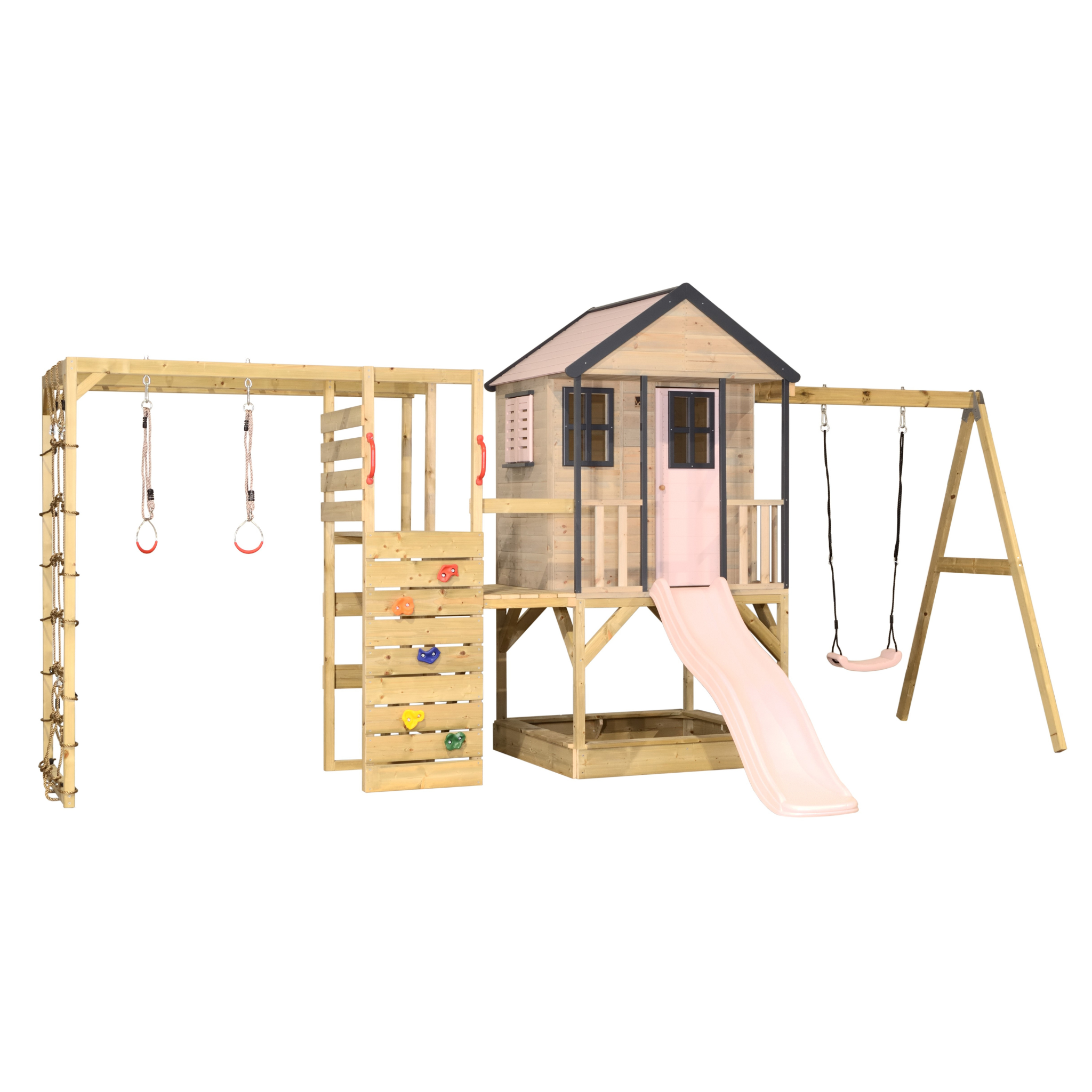 M50-G Adventure Cottage House with Platform, Slide and Single Swing + Gym Attachment