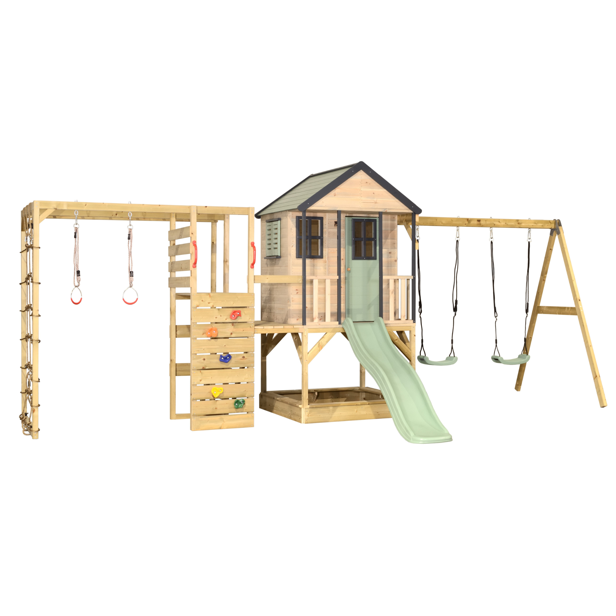 M60-G Adventure Cottage House with Platform, Slide and Double Swing + Gym Attachment