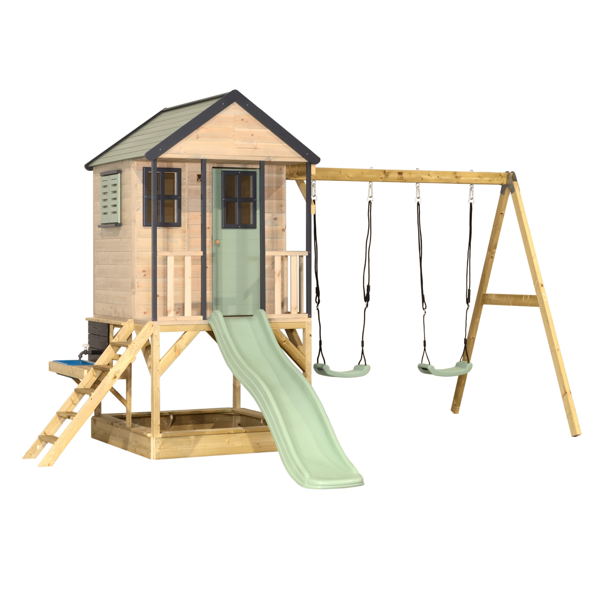 M60-K Adventure Cottage House with Platform, Slide and Double Swing + Kitchen Attachment