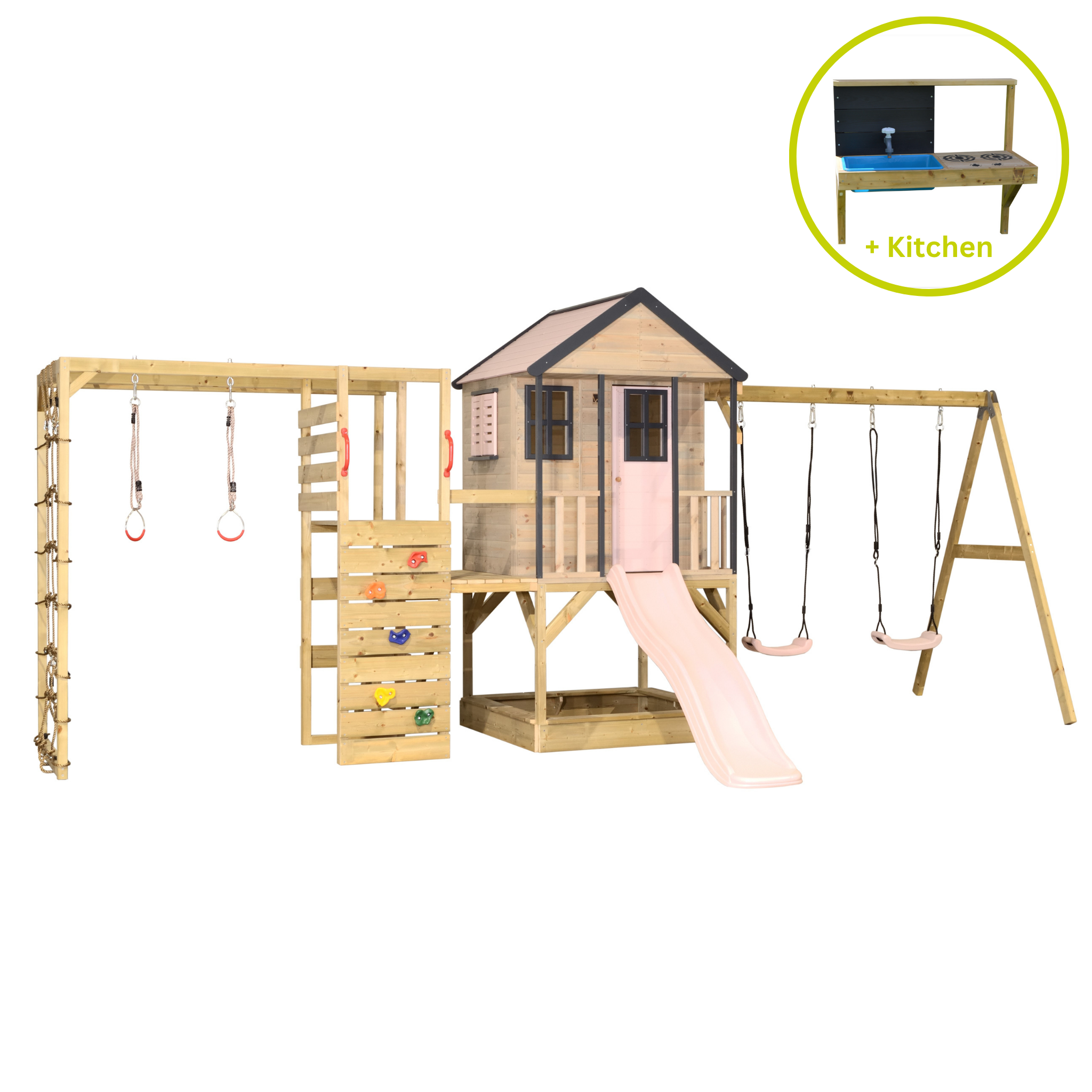 M60-GK Adventure Cottage House with Platform, Slide and Double Swing + Gym & Kitchen Attachment