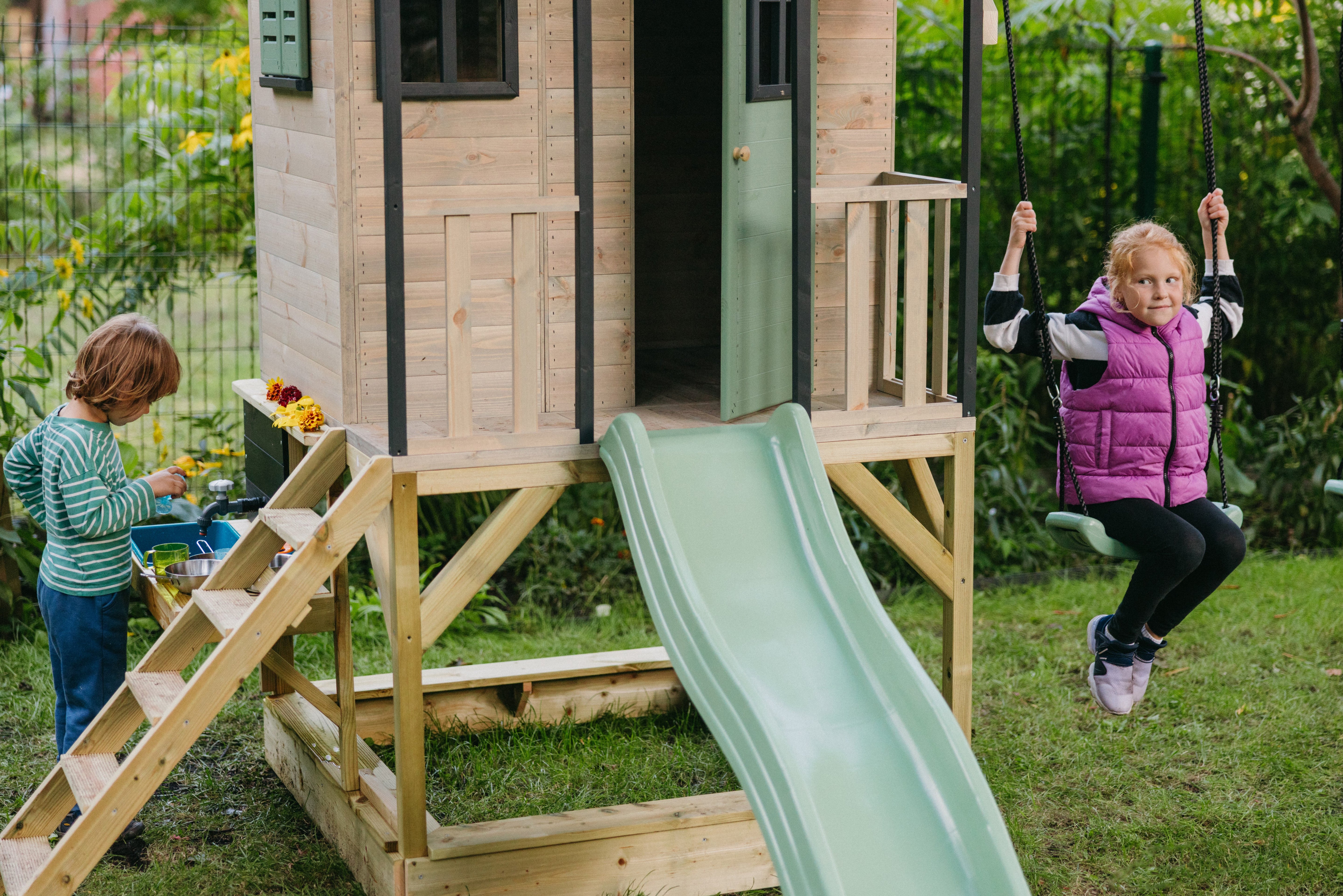 M60-K Adventure Cottage House with Platform, Slide and Double Swing + Kitchen Attachment