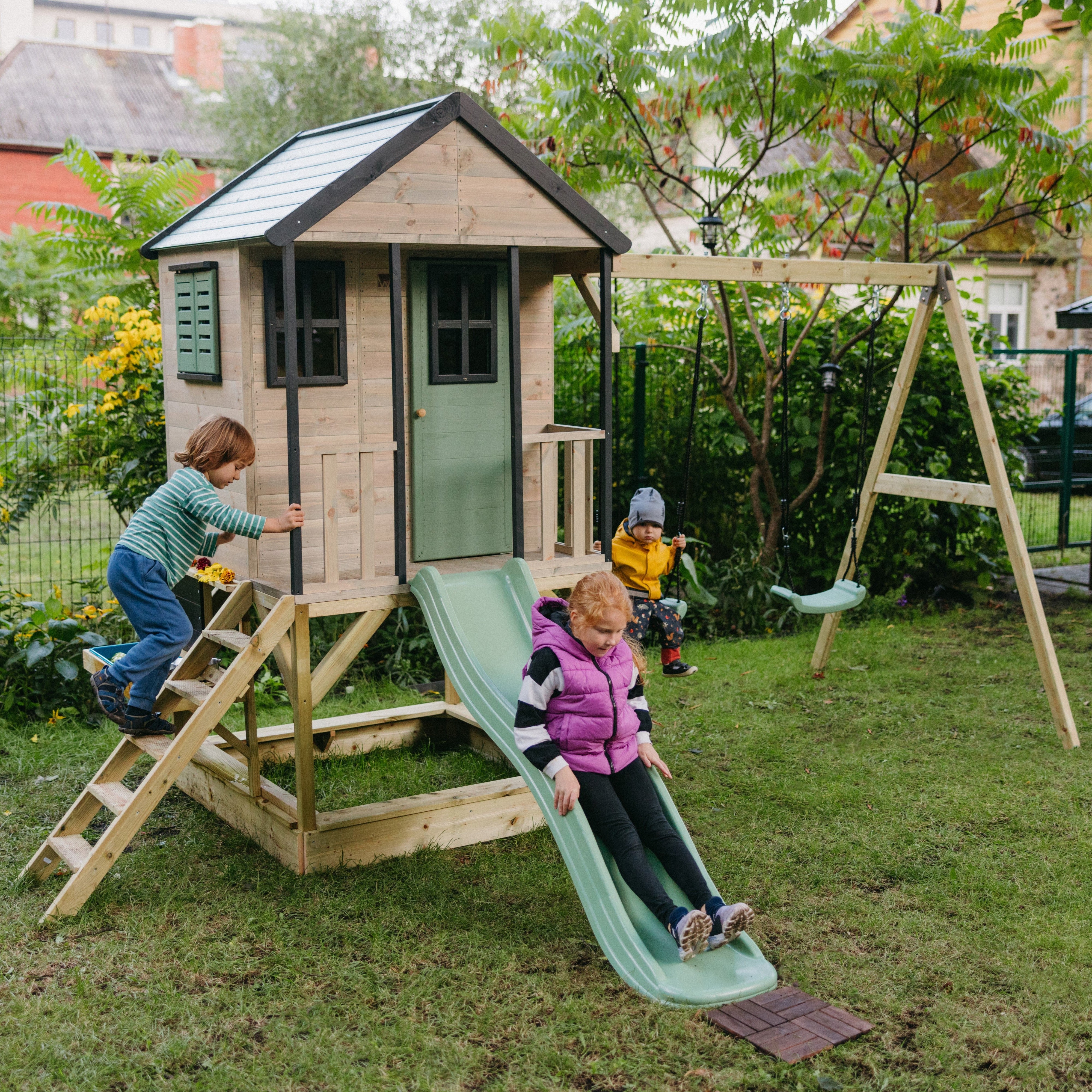 M60 Adventure Cottage House with Platform, Slide and Double Swing