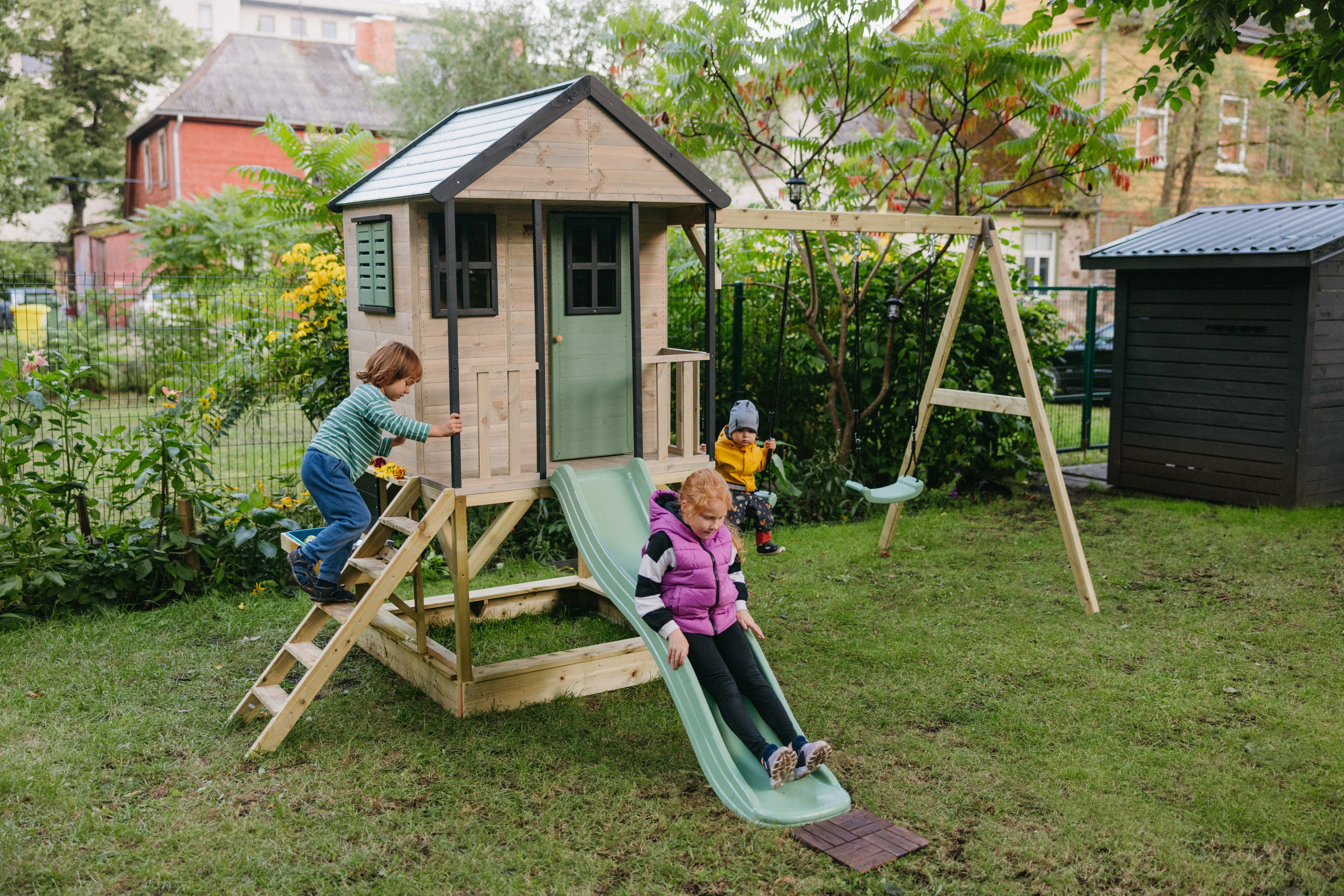 M60-K Adventure Cottage House with Platform, Slide and Double Swing + Kitchen Attachment