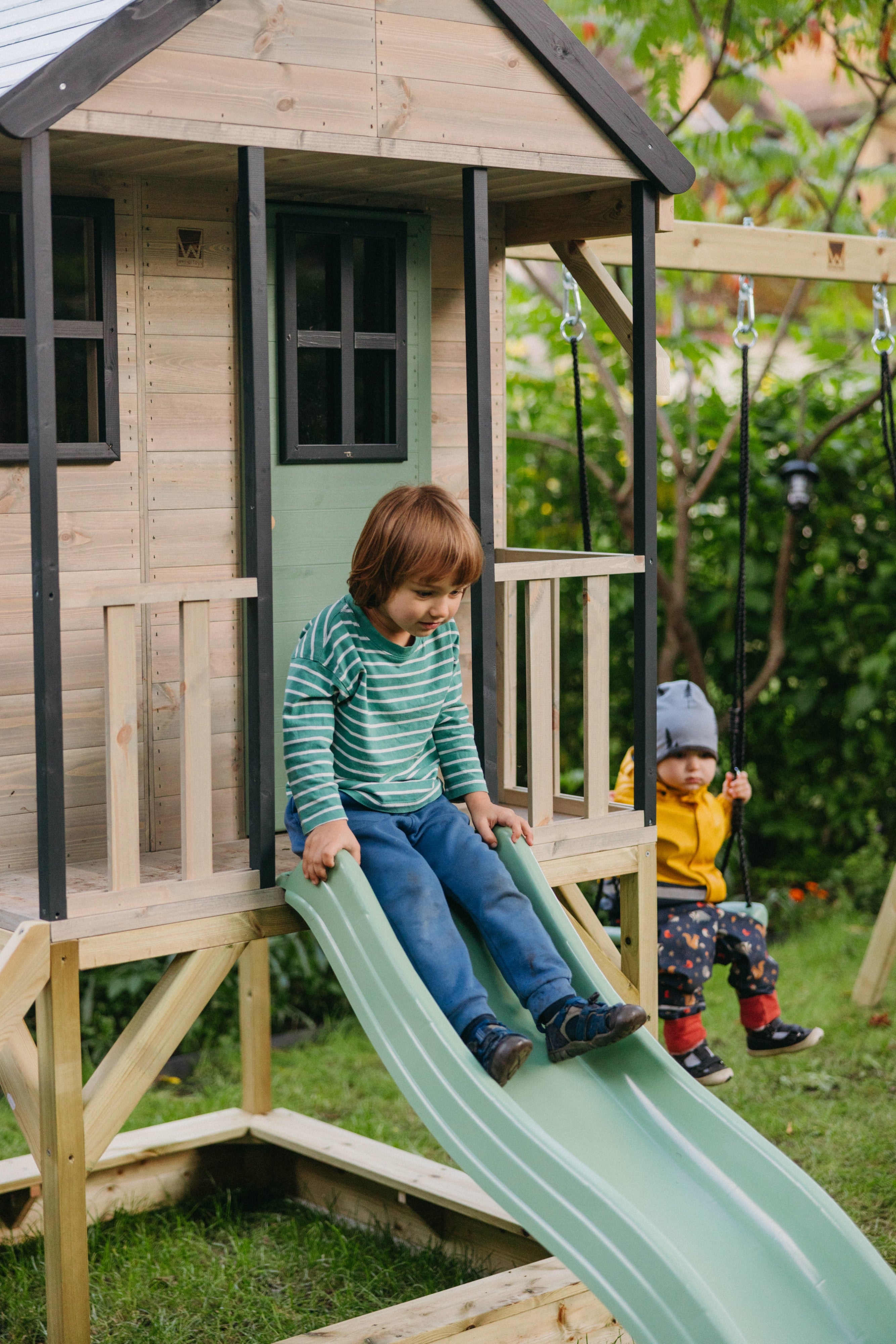 M50 Adventure Cottage House with Platform, Slide and Single Swing