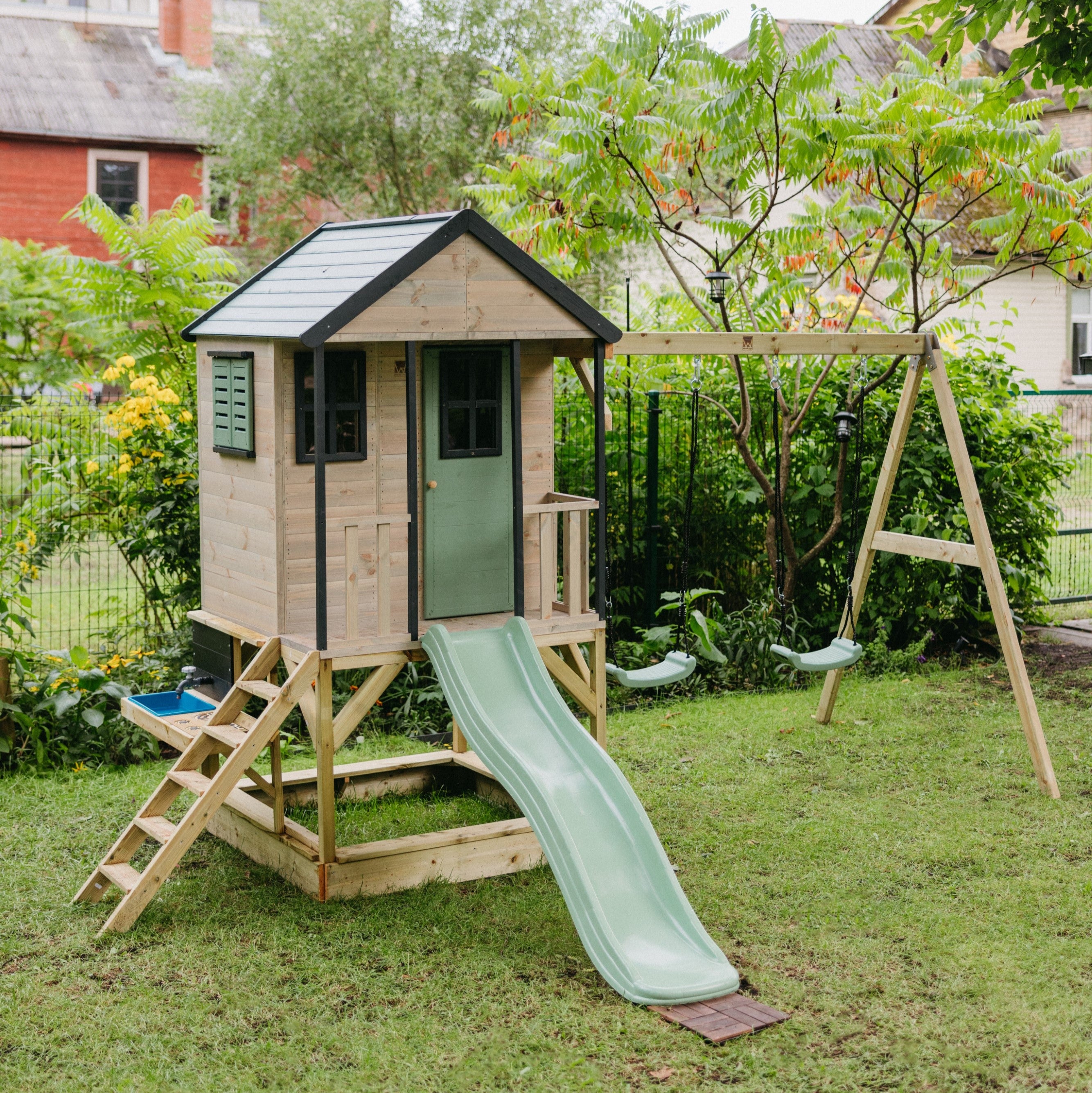 M60-K Adventure Cottage House with Platform, Slide and Double Swing + Kitchen Attachment