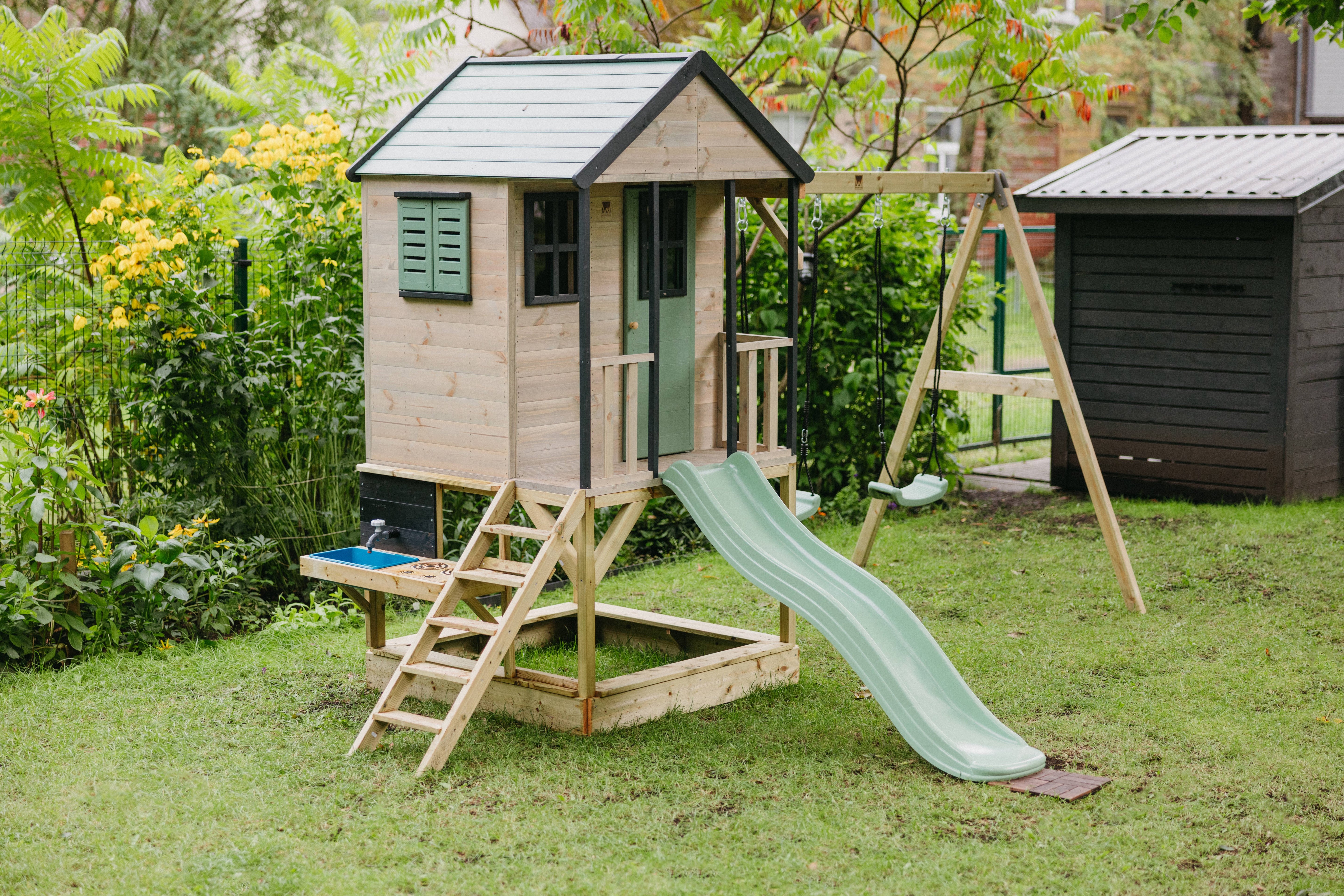 M60-K Adventure Cottage House with Platform, Slide and Double Swing + Kitchen Attachment
