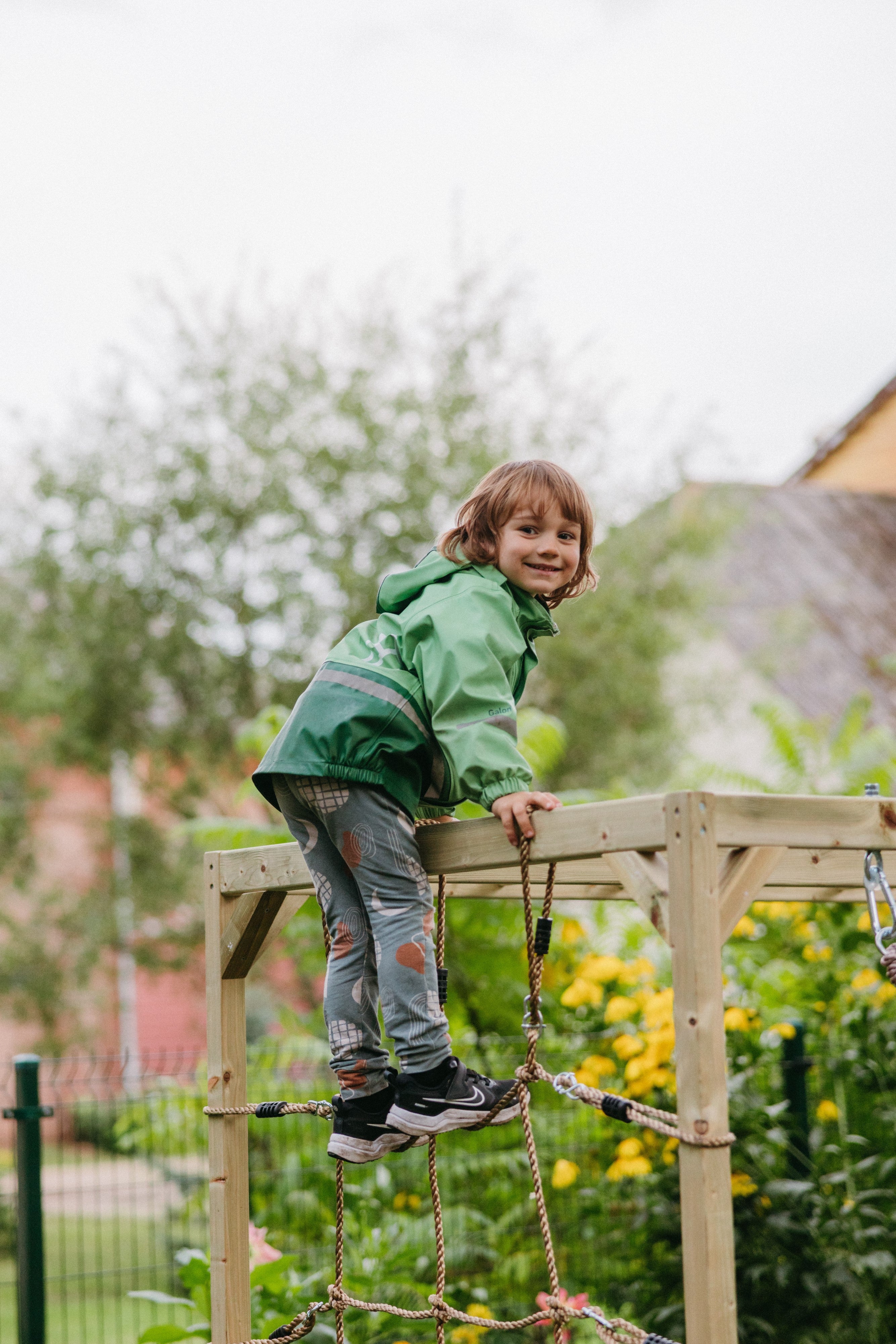 M50-G Adventure Cottage House with Platform, Slide and Single Swing + Gym Attachment