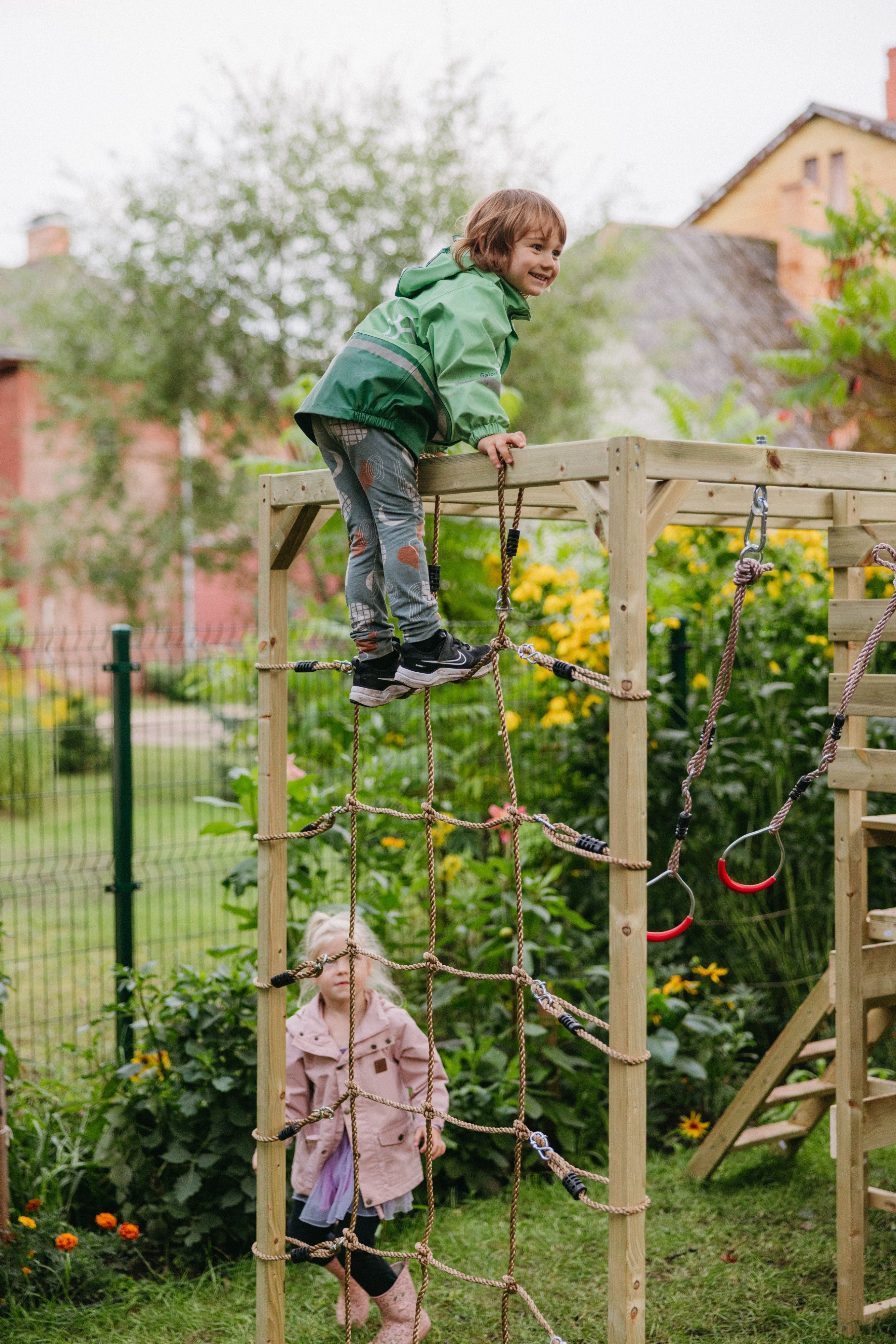 M60-G Adventure Cottage House with Platform, Slide and Double Swing + Gym Attachment