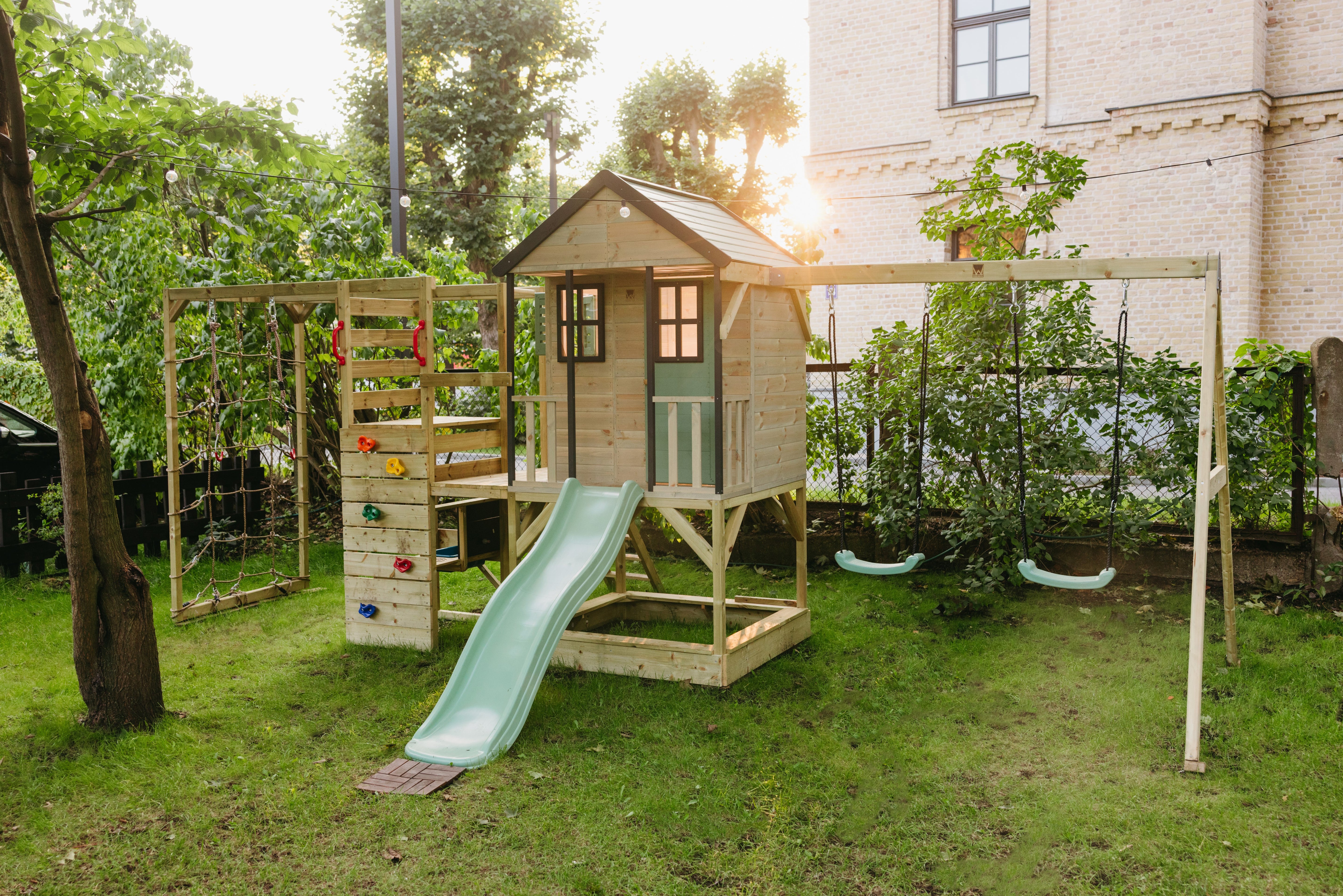 M60-GK Adventure Cottage House with Platform, Slide and Double Swing + Gym & Kitchen Attachment