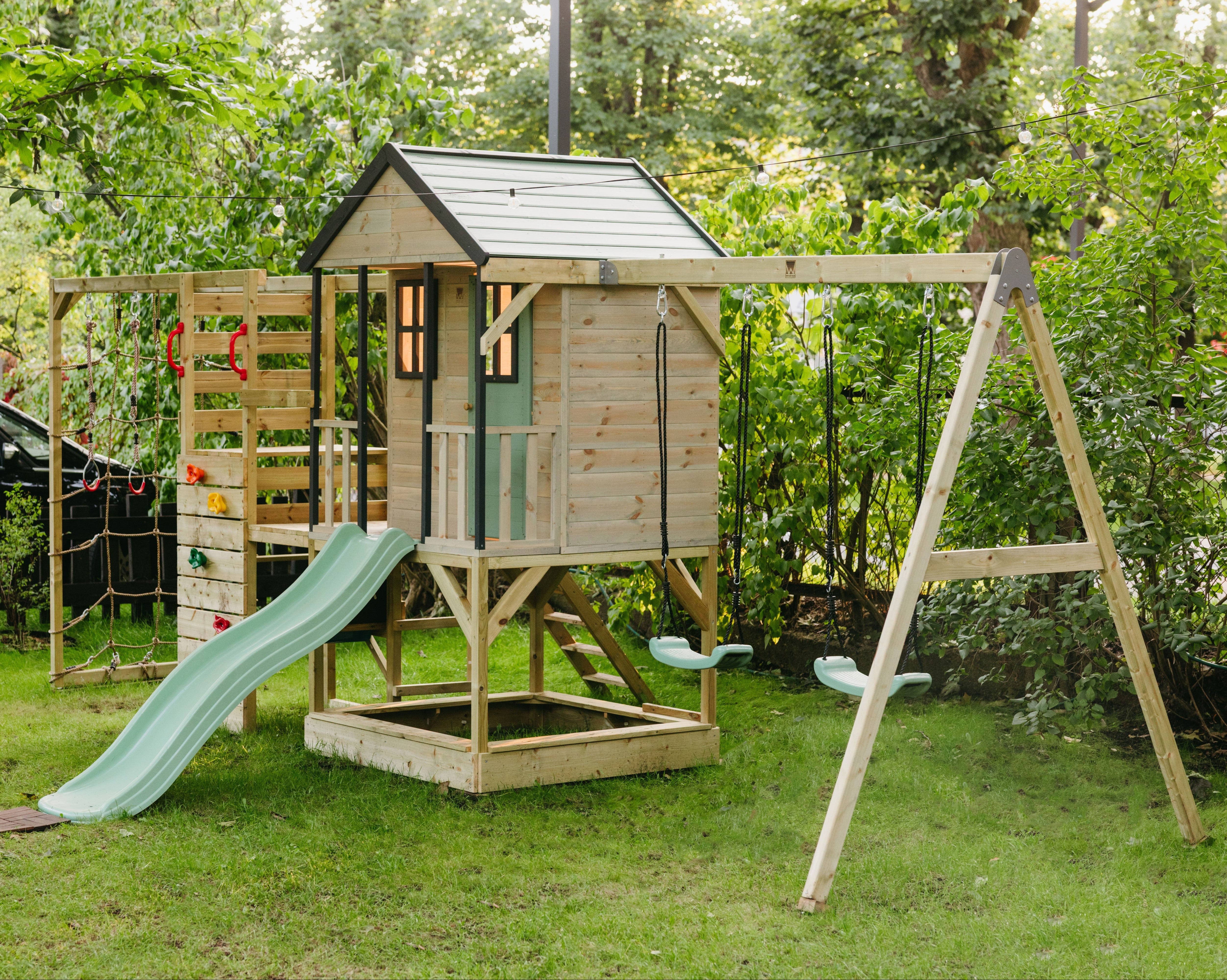 M60-G Adventure Cottage House with Platform, Slide and Double Swing + Gym Attachment