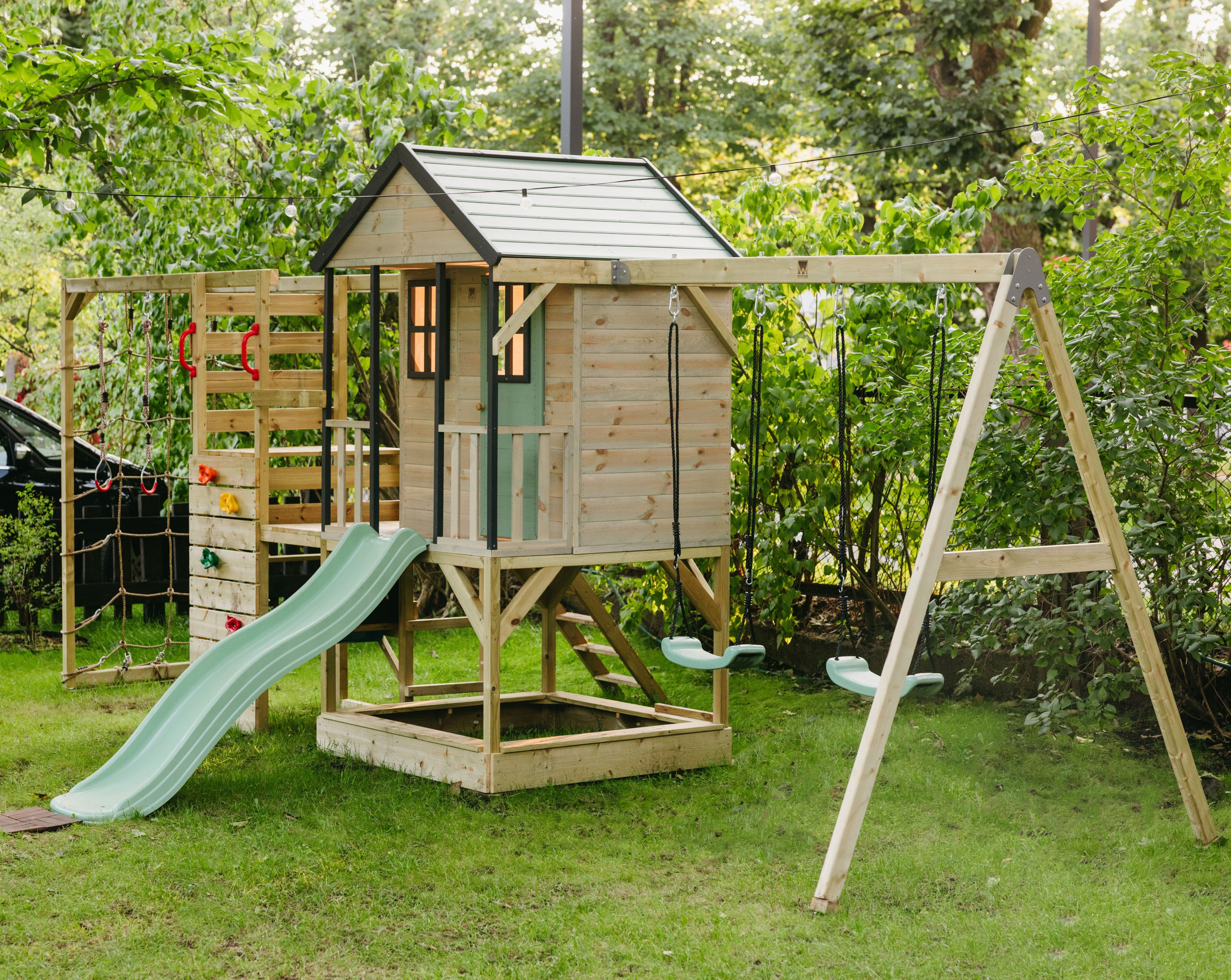 M60-GK Adventure Cottage House with Platform, Slide and Double Swing + Gym & Kitchen Attachment
