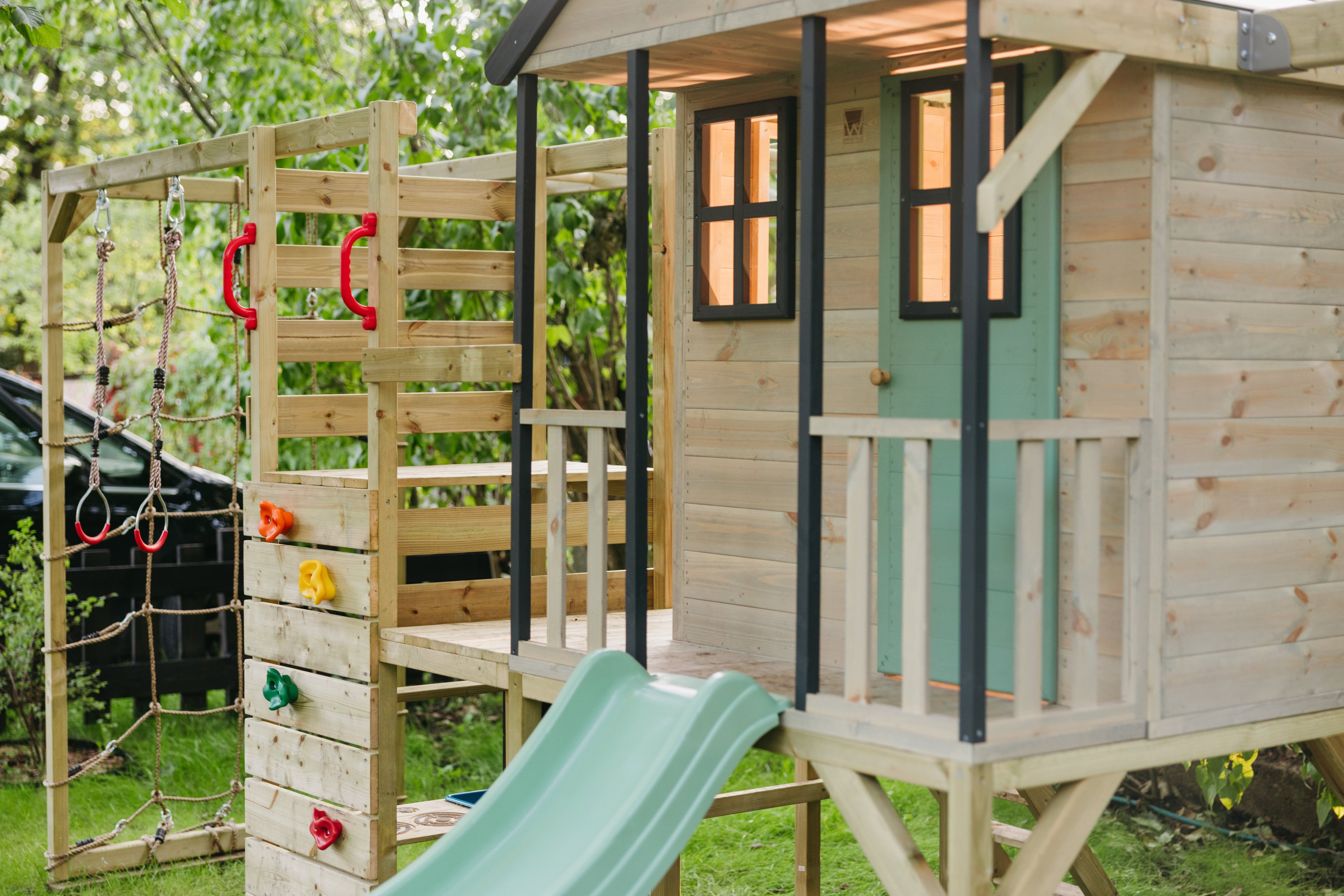 M60-GK Adventure Cottage House with Platform, Slide and Double Swing + Gym & Kitchen Attachment