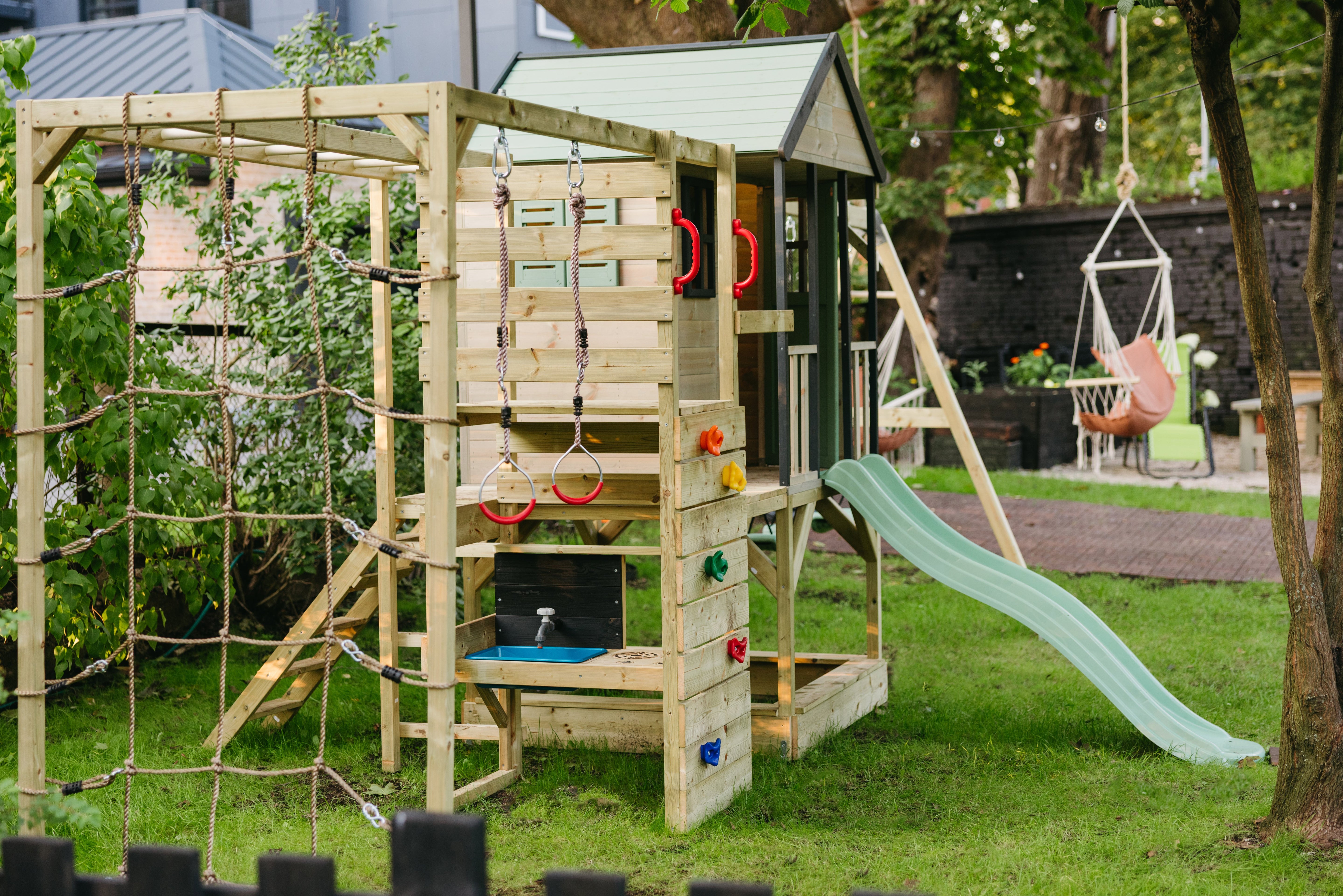 M60-GK Adventure Cottage House with Platform, Slide and Double Swing + Gym & Kitchen Attachment