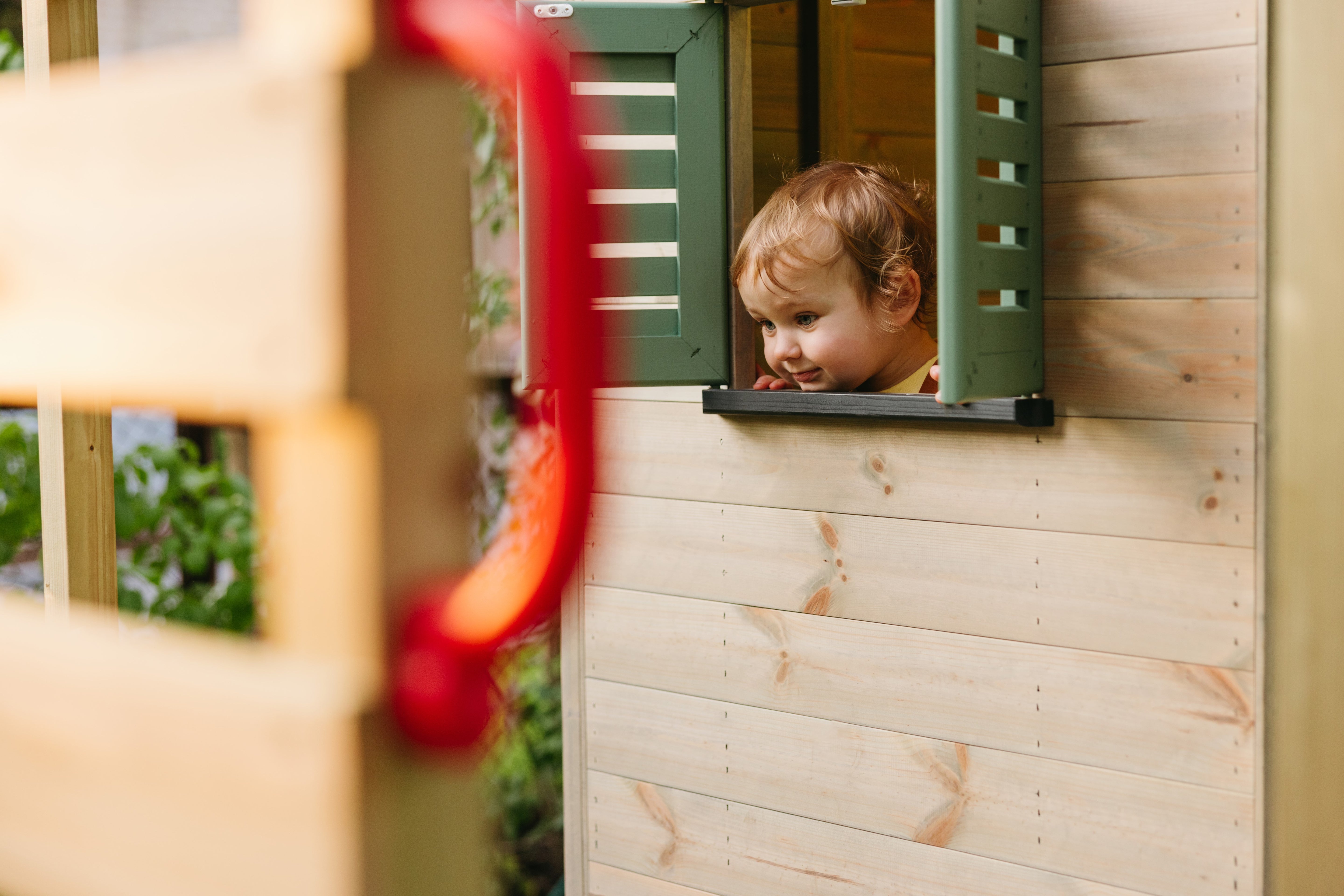 M50-G Adventure Cottage House with Platform, Slide and Single Swing + Gym Attachment