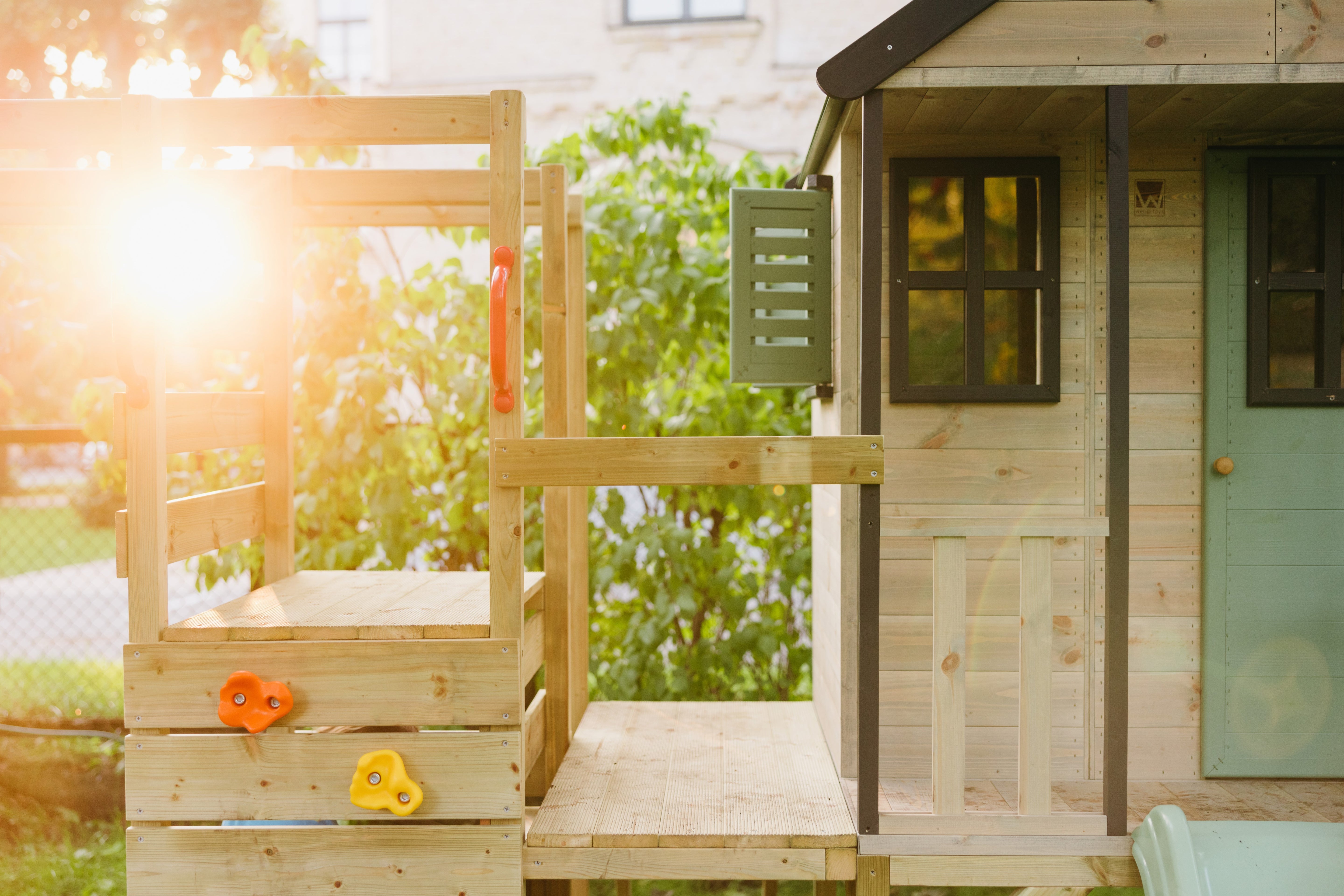 M50-G Adventure Cottage House with Platform, Slide and Single Swing + Gym Attachment