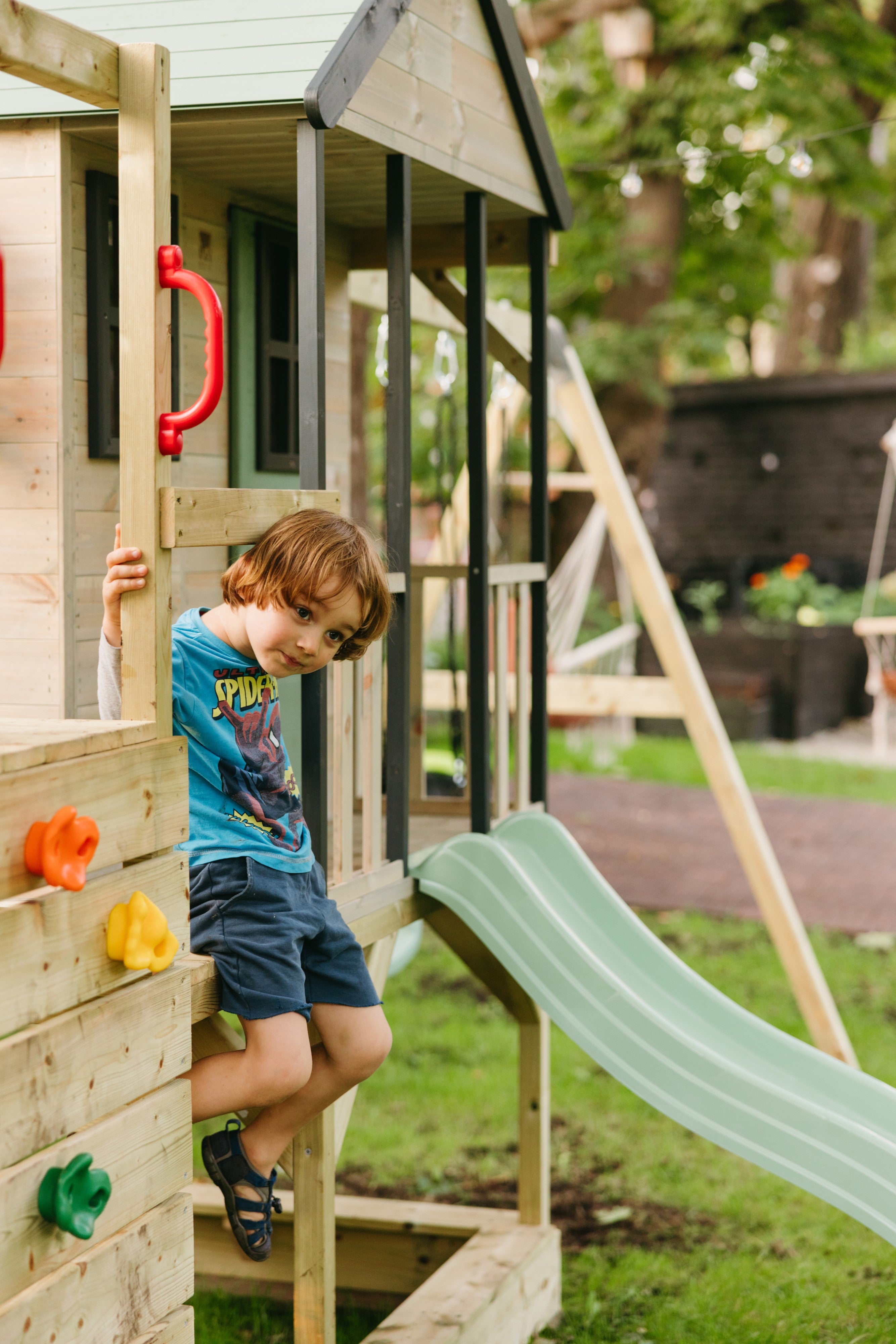 M50-G Adventure Cottage House with Platform, Slide and Single Swing + Gym Attachment