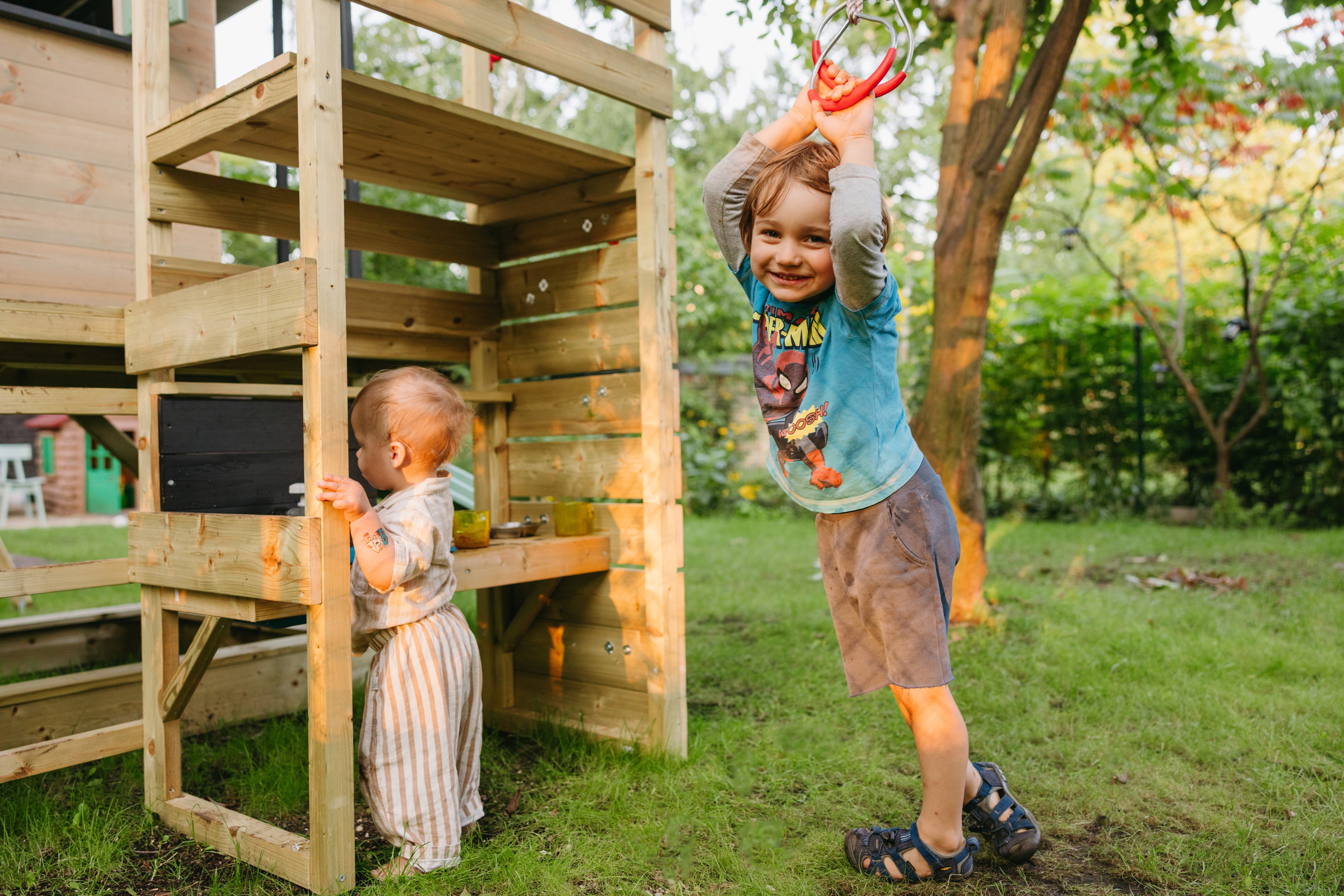 M48-GK Adventure Cottage House with Platform and Slide + Gym & Kitchen Attachment