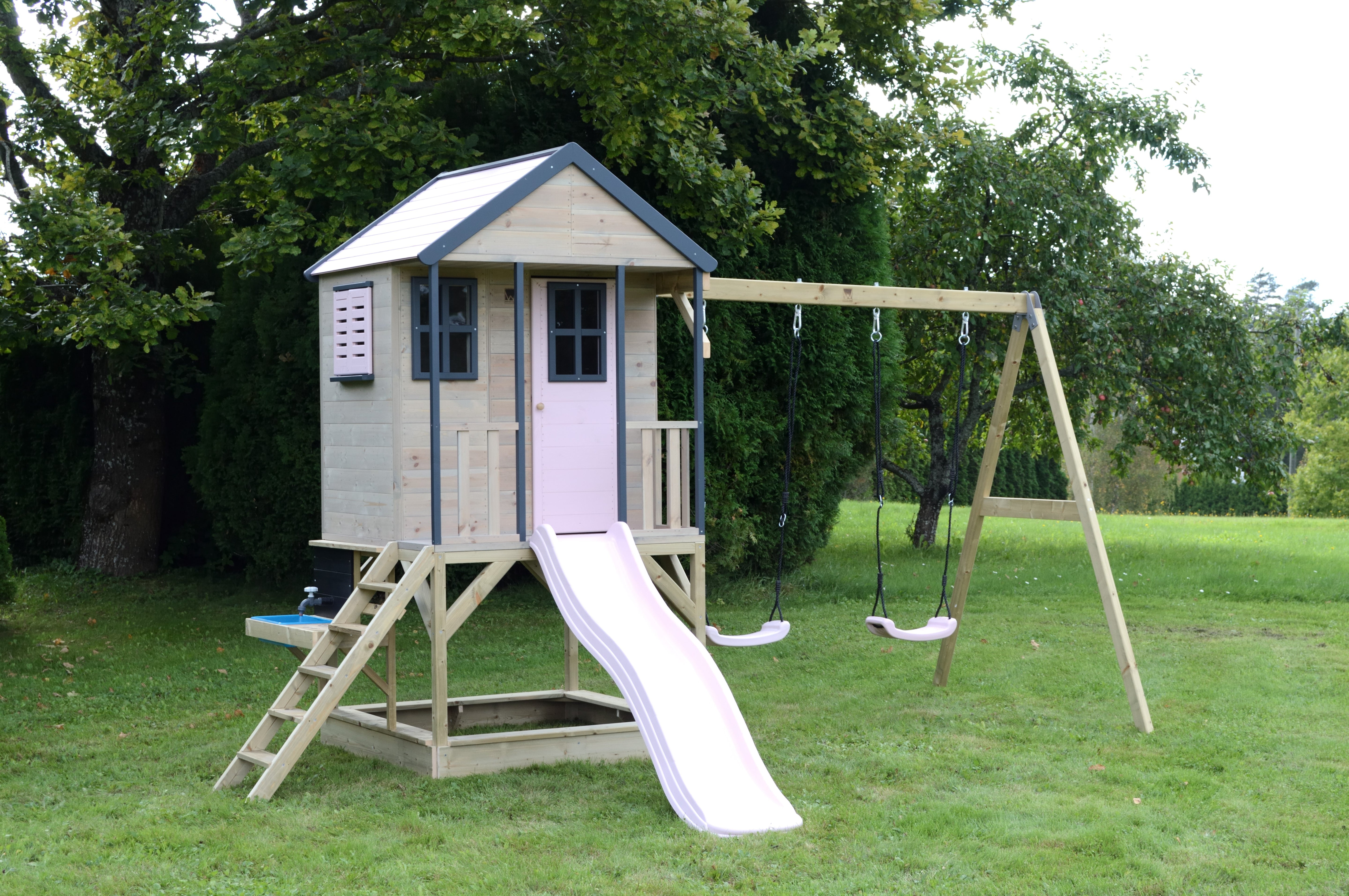 M60-K Adventure Cottage House with Platform, Slide and Double Swing + Kitchen Attachment