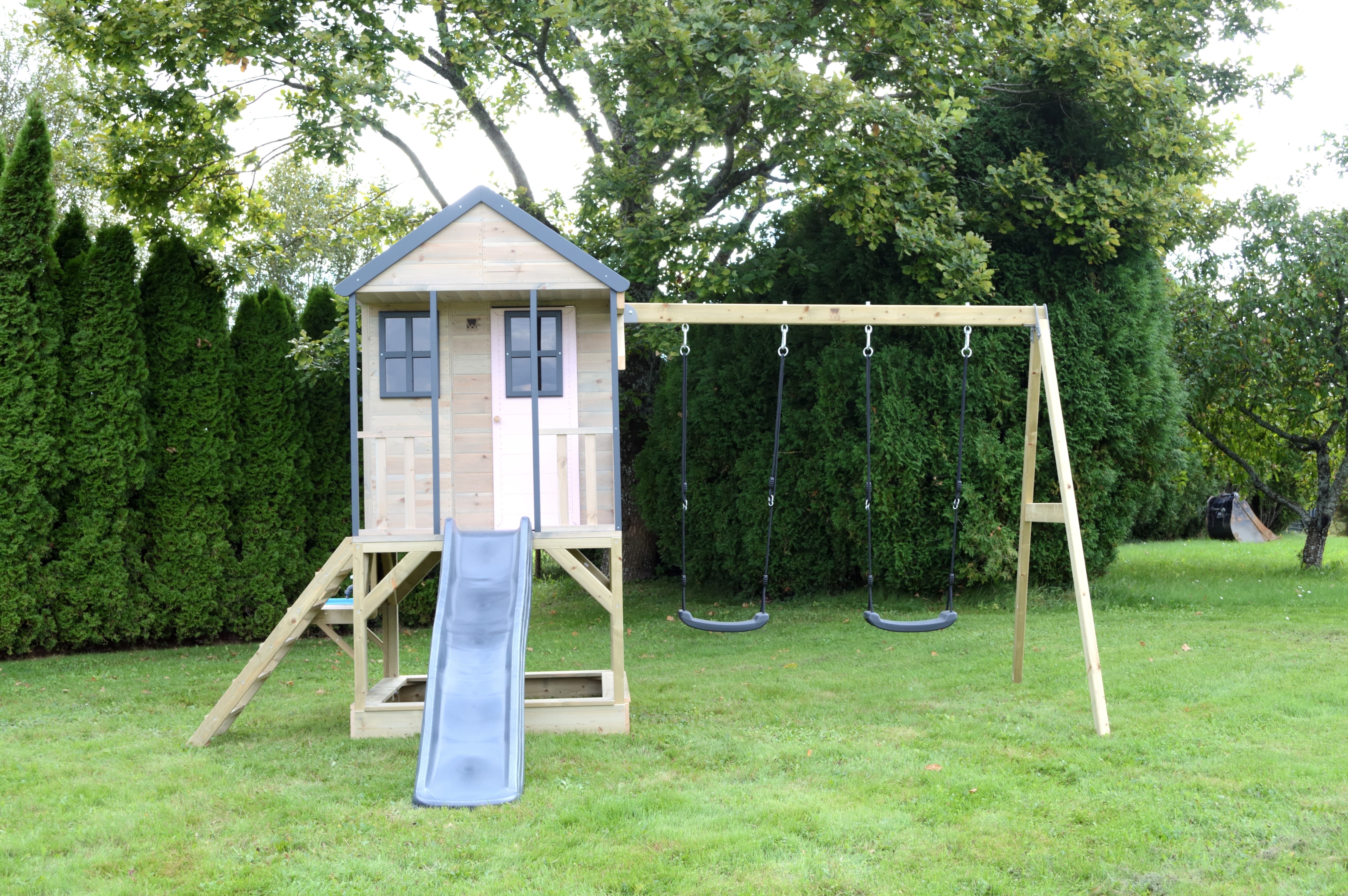 M60-K Adventure Cottage House with Platform, Slide and Double Swing + Kitchen Attachment