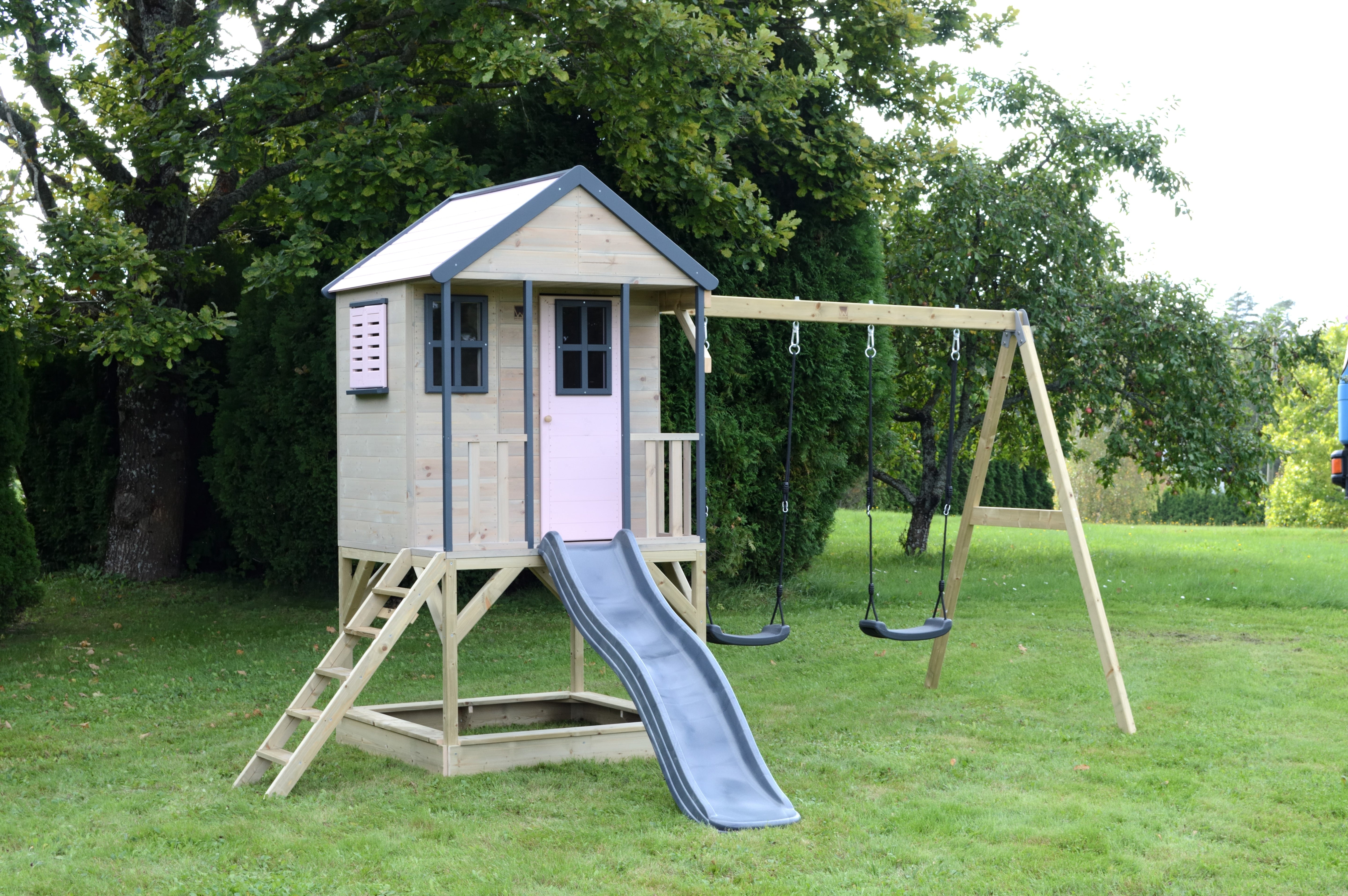 M60 Adventure Cottage House with Platform, Slide and Double Swing
