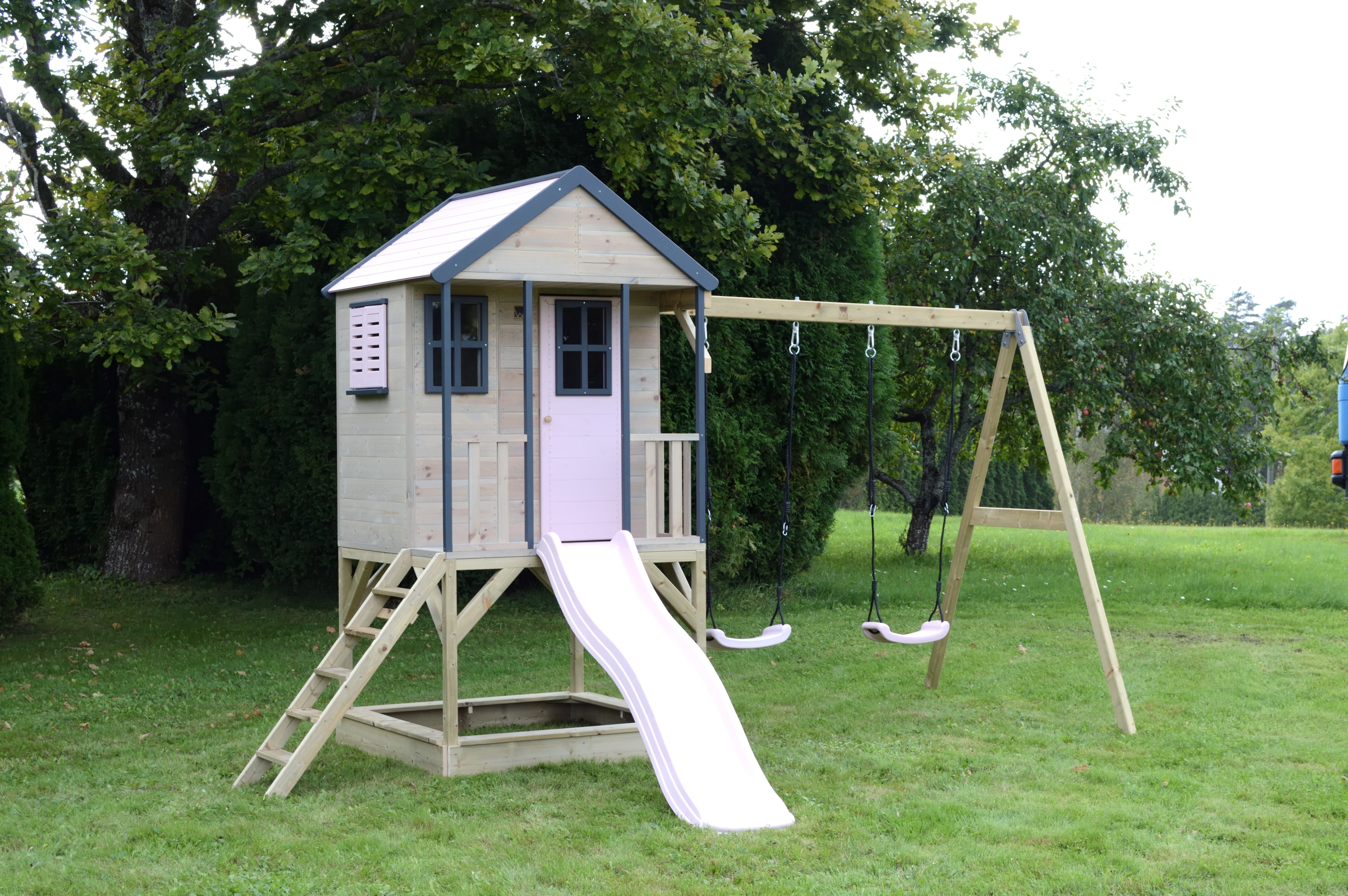 M60 Adventure Cottage House with Platform, Slide and Double Swing