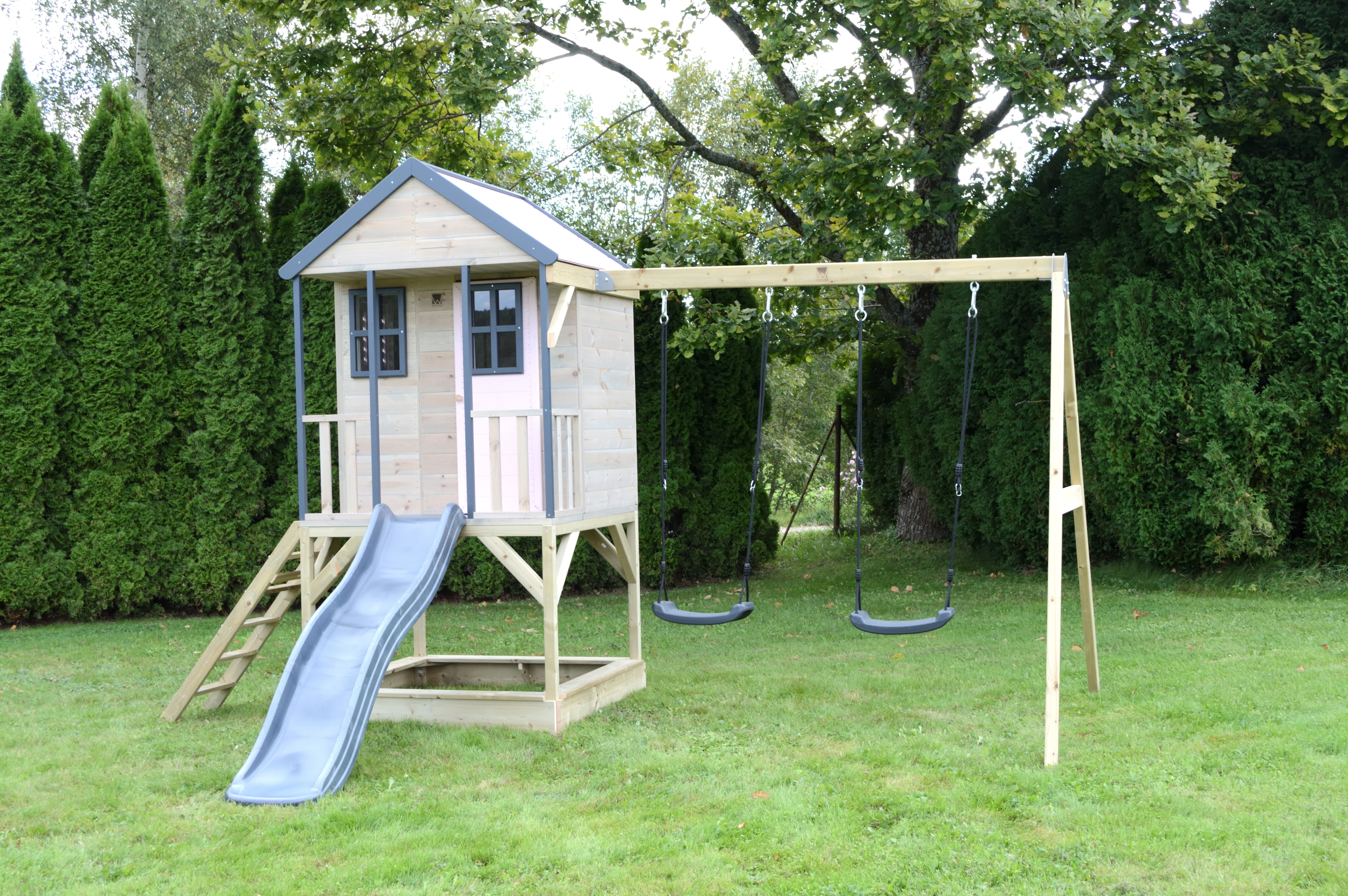 M60 Adventure Cottage House with Platform, Slide and Double Swing