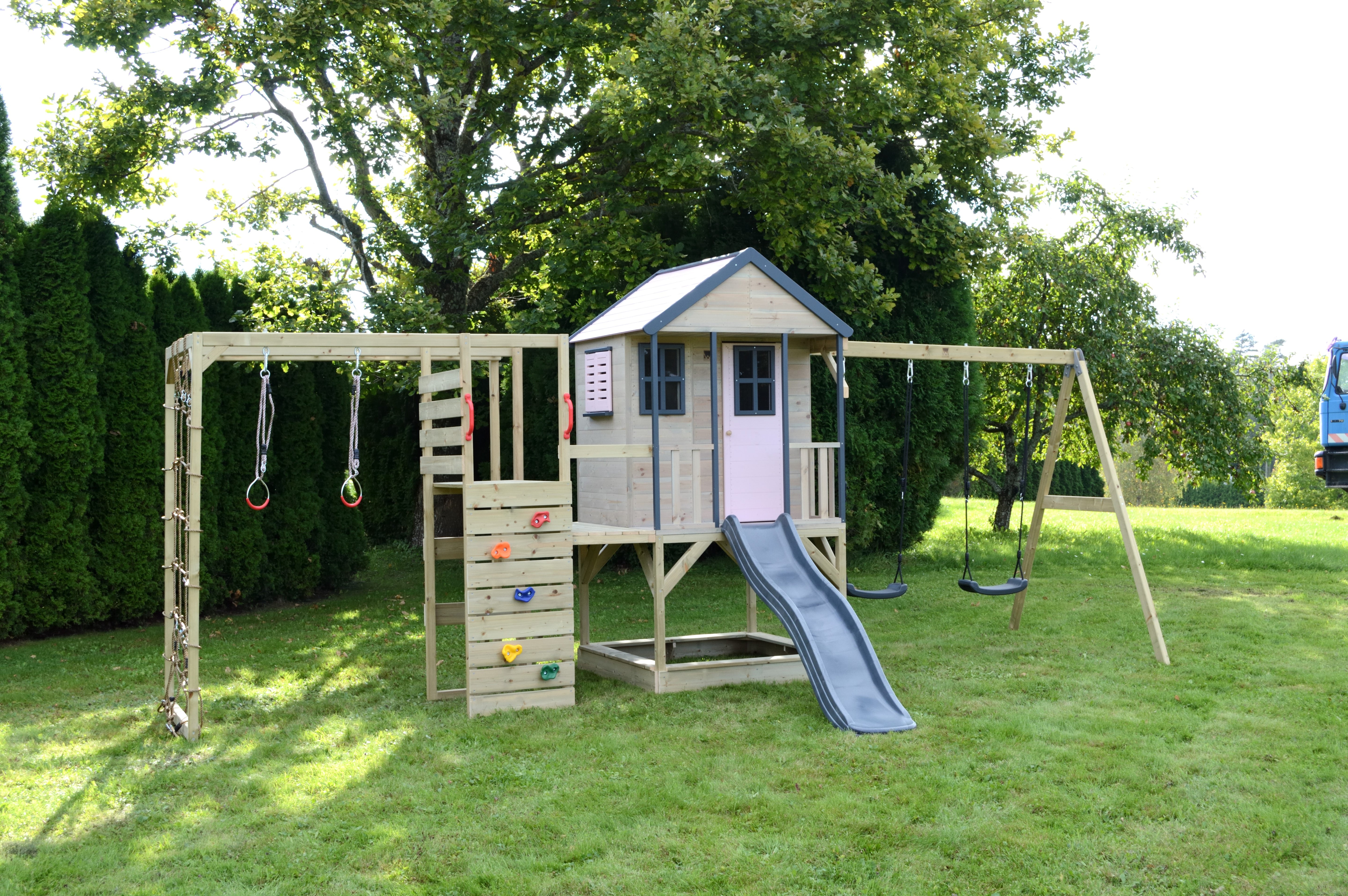 M60-G Adventure Cottage House with Platform, Slide and Double Swing + Gym Attachment