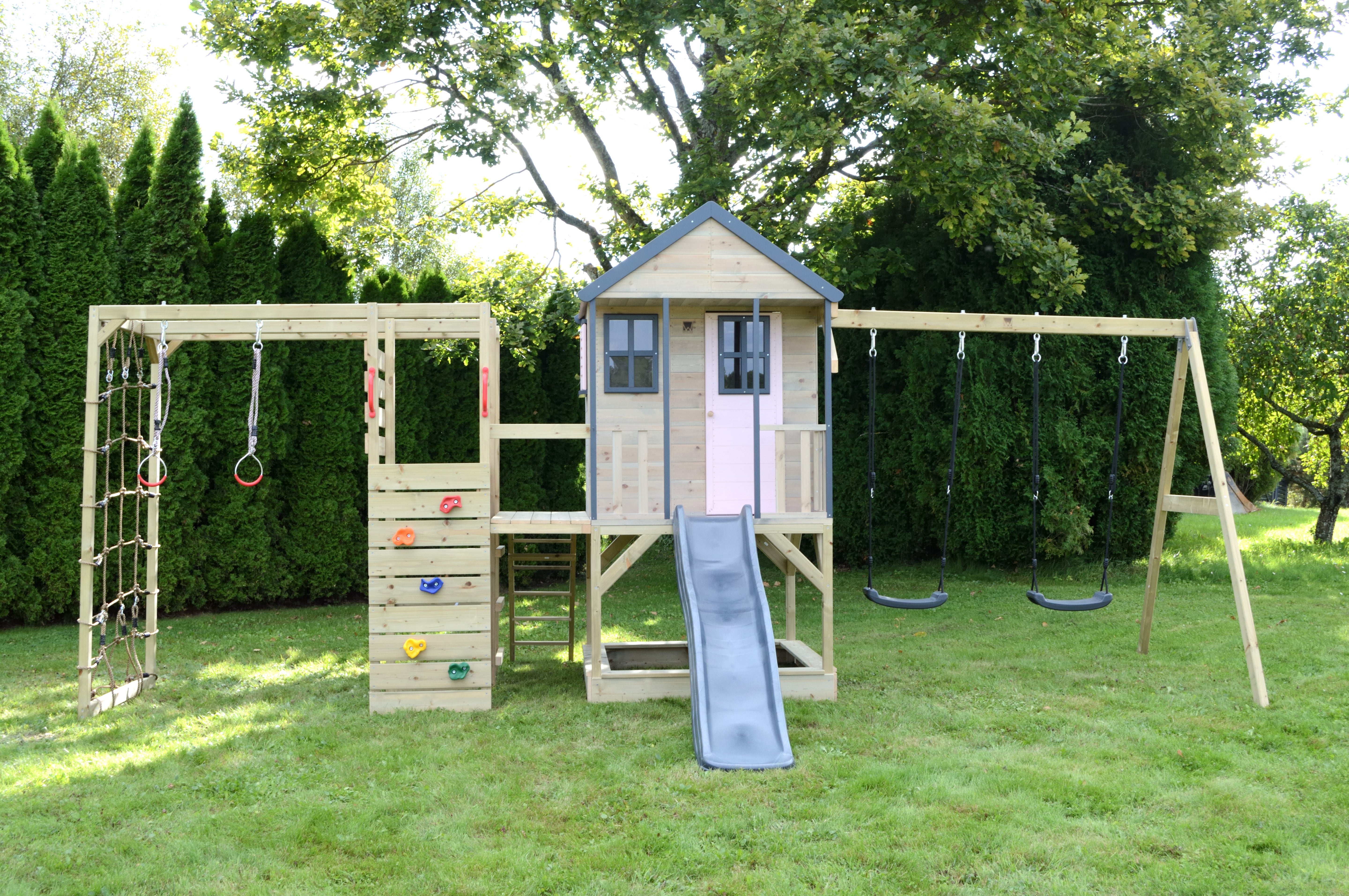 M60-GK Adventure Cottage House with Platform, Slide and Double Swing + Gym & Kitchen Attachment