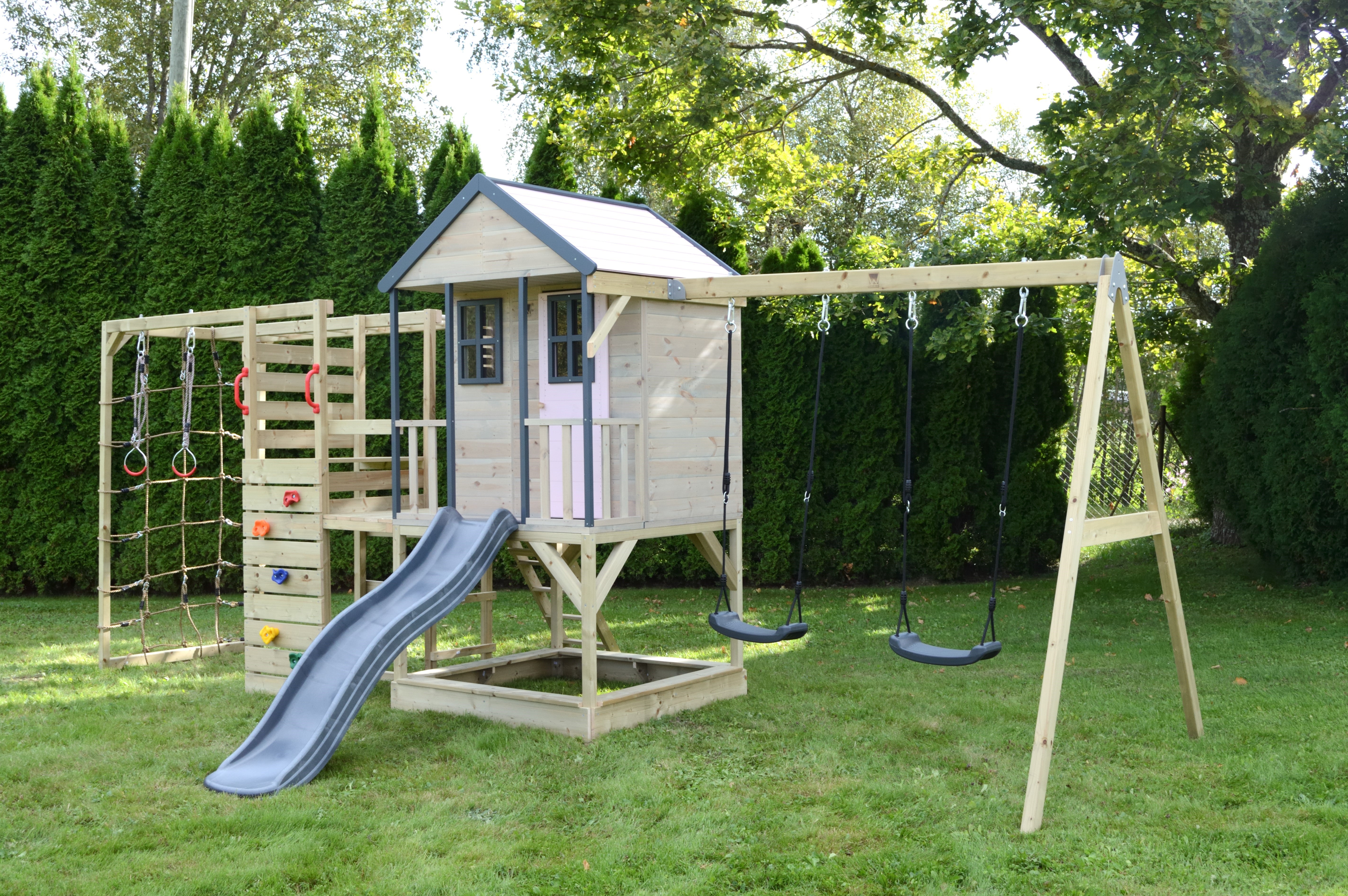 M60-G Adventure Cottage House with Platform, Slide and Double Swing + Gym Attachment