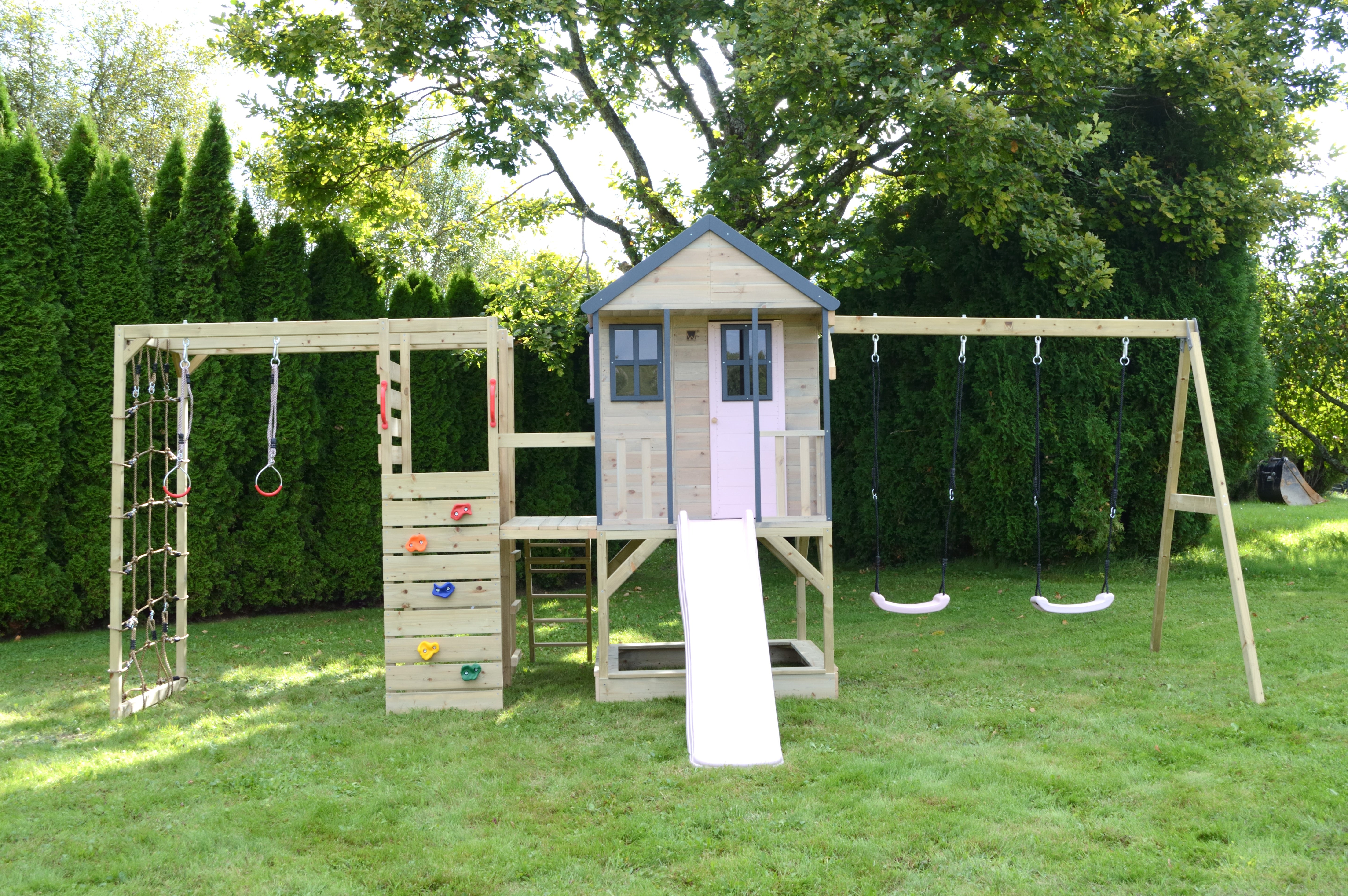 M60-G Adventure Cottage House with Platform, Slide and Double Swing + Gym Attachment