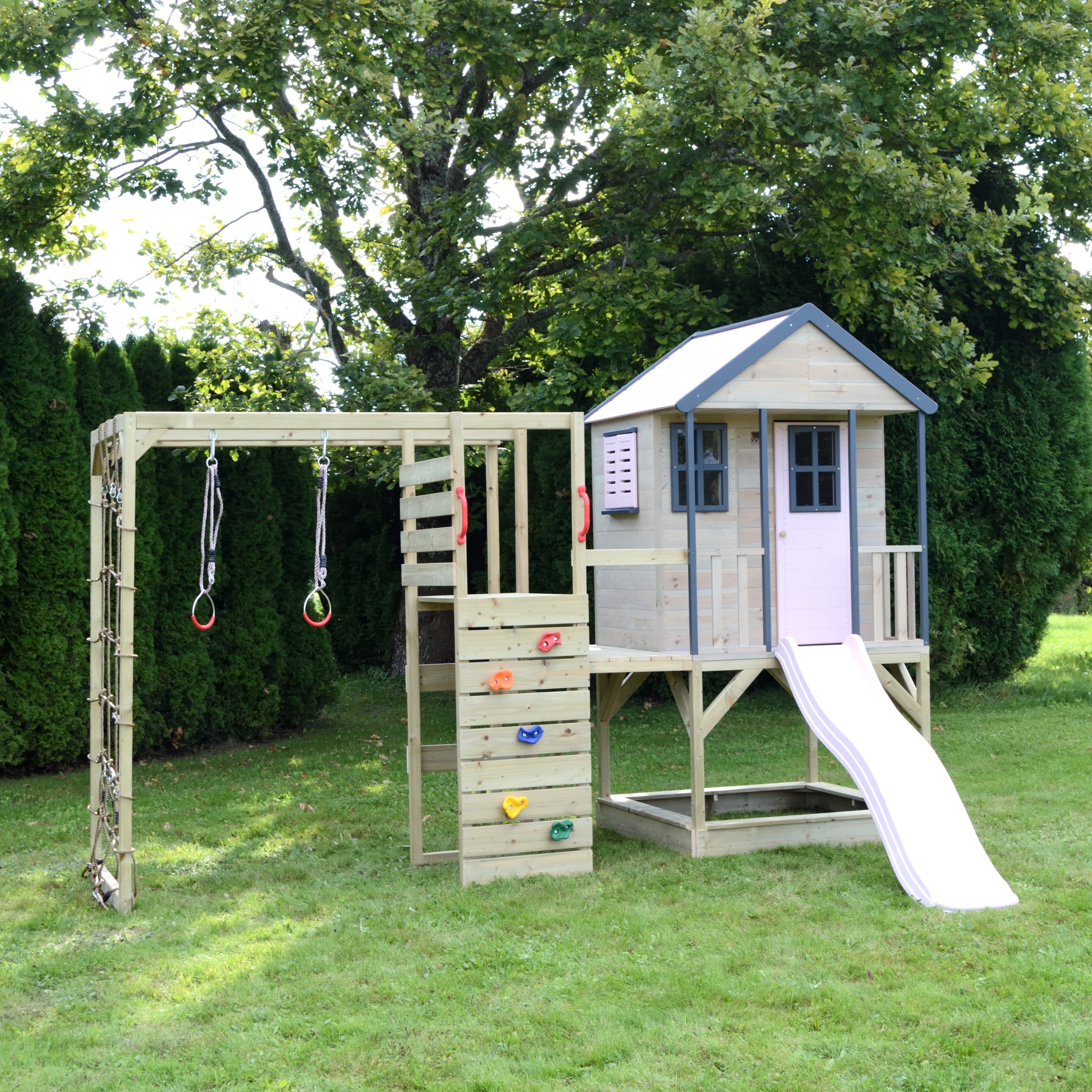 M48-G Adventure Cottage House with Platform and Slide + Gym Attachment