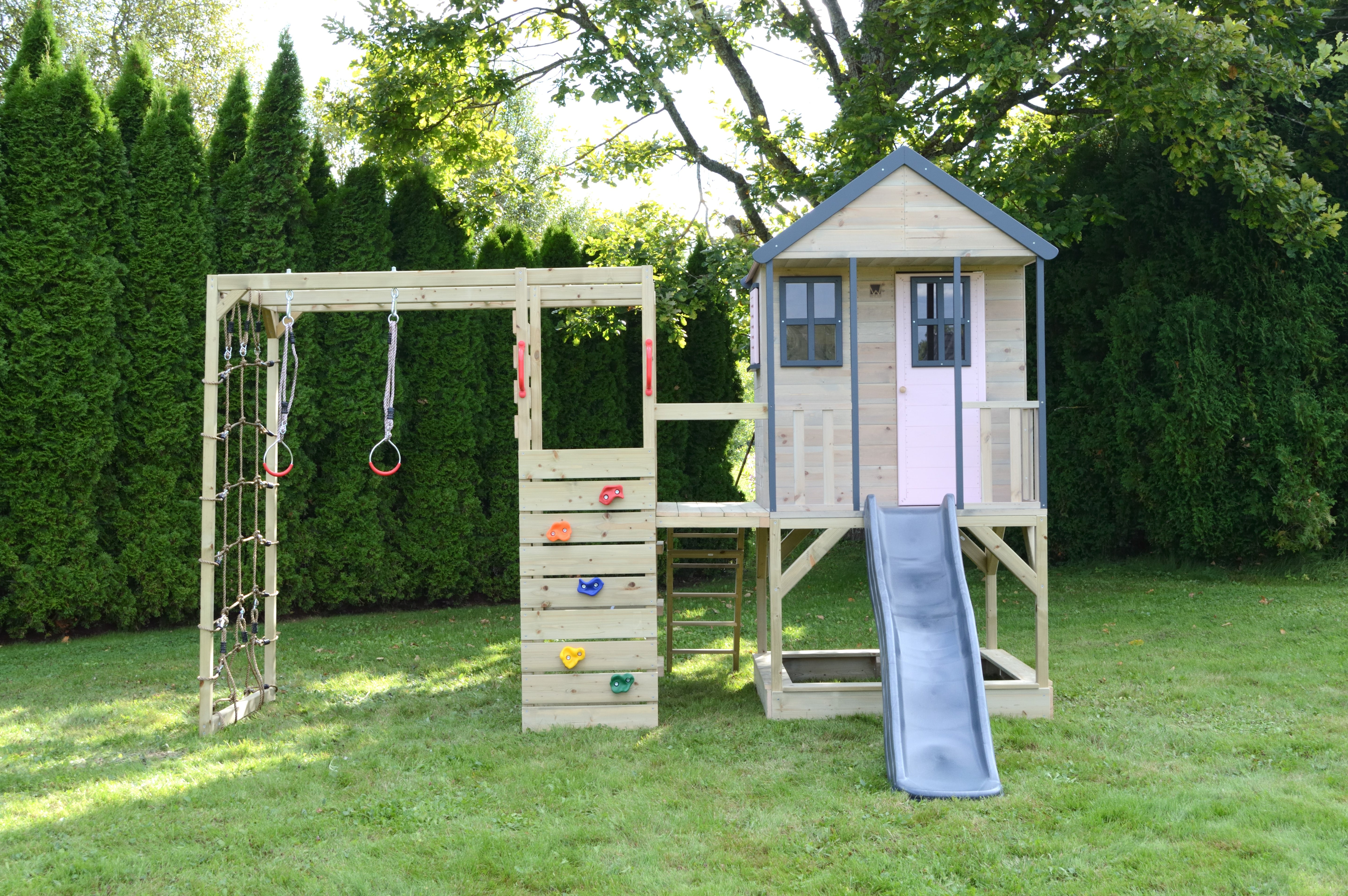 M48-GK Adventure Cottage House with Platform and Slide + Gym & Kitchen Attachment