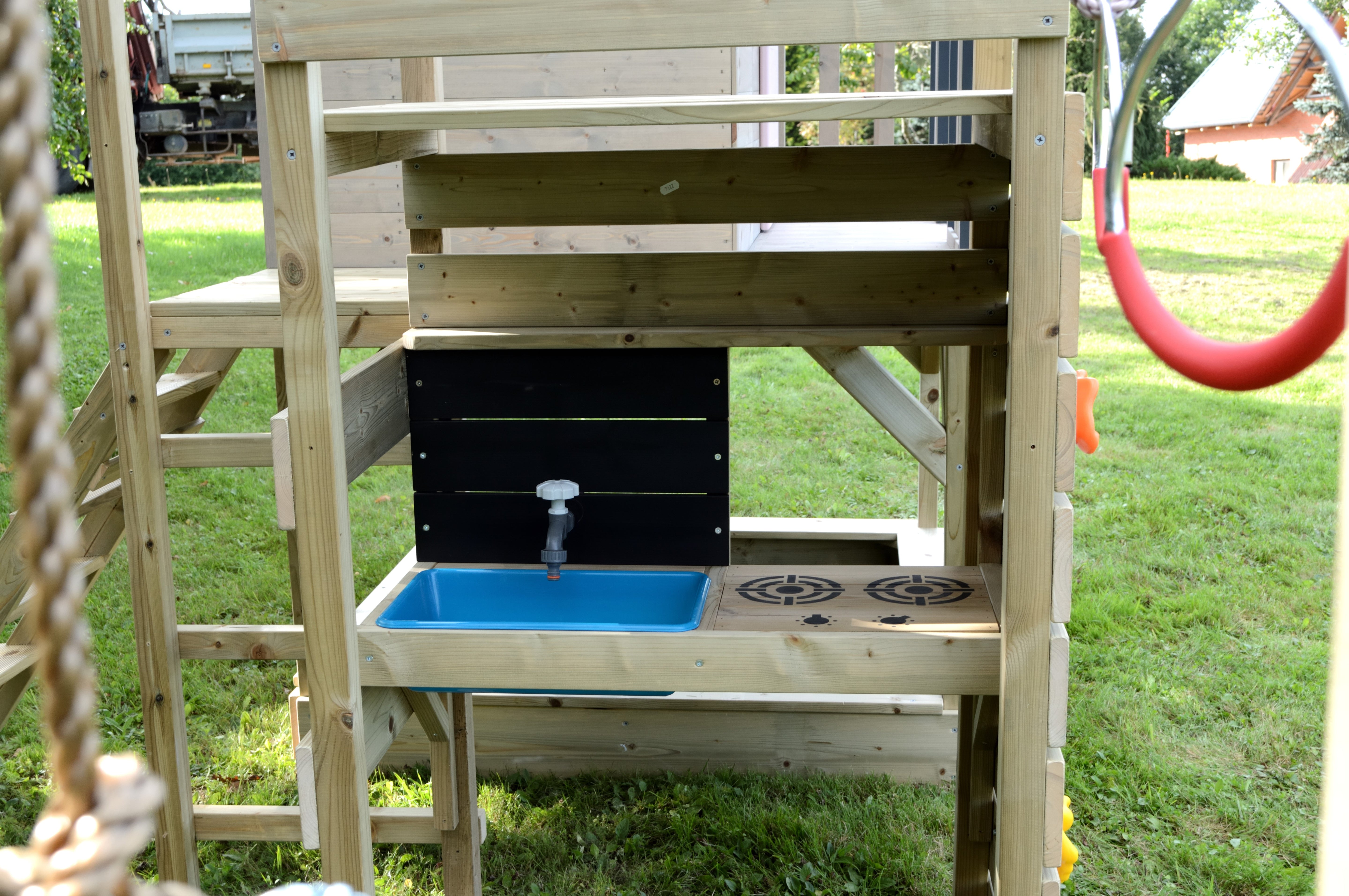 M60-GK Adventure Cottage House with Platform, Slide and Double Swing + Gym & Kitchen Attachment