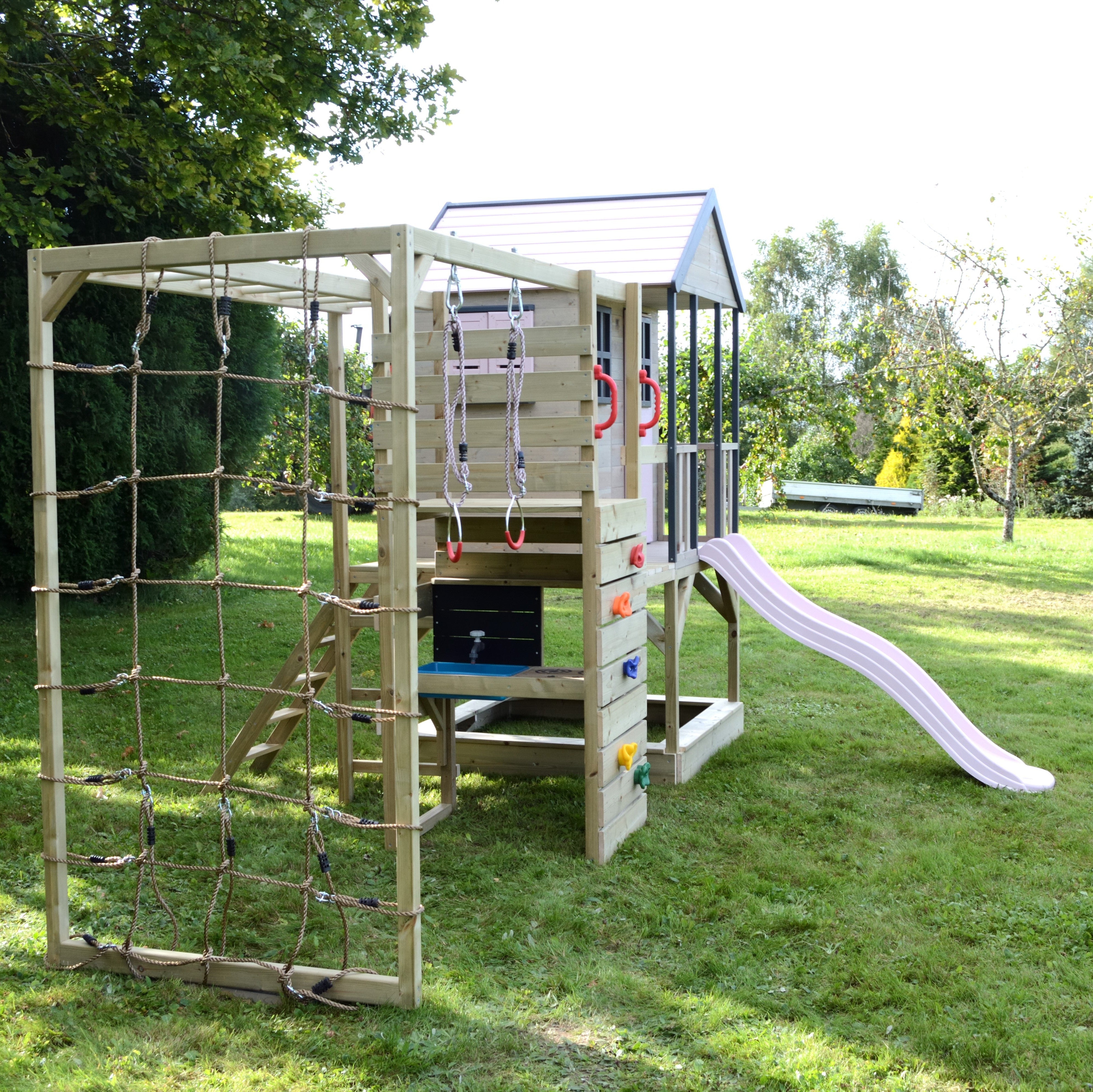 M48-GK Adventure Cottage House with Platform and Slide + Gym & Kitchen Attachment