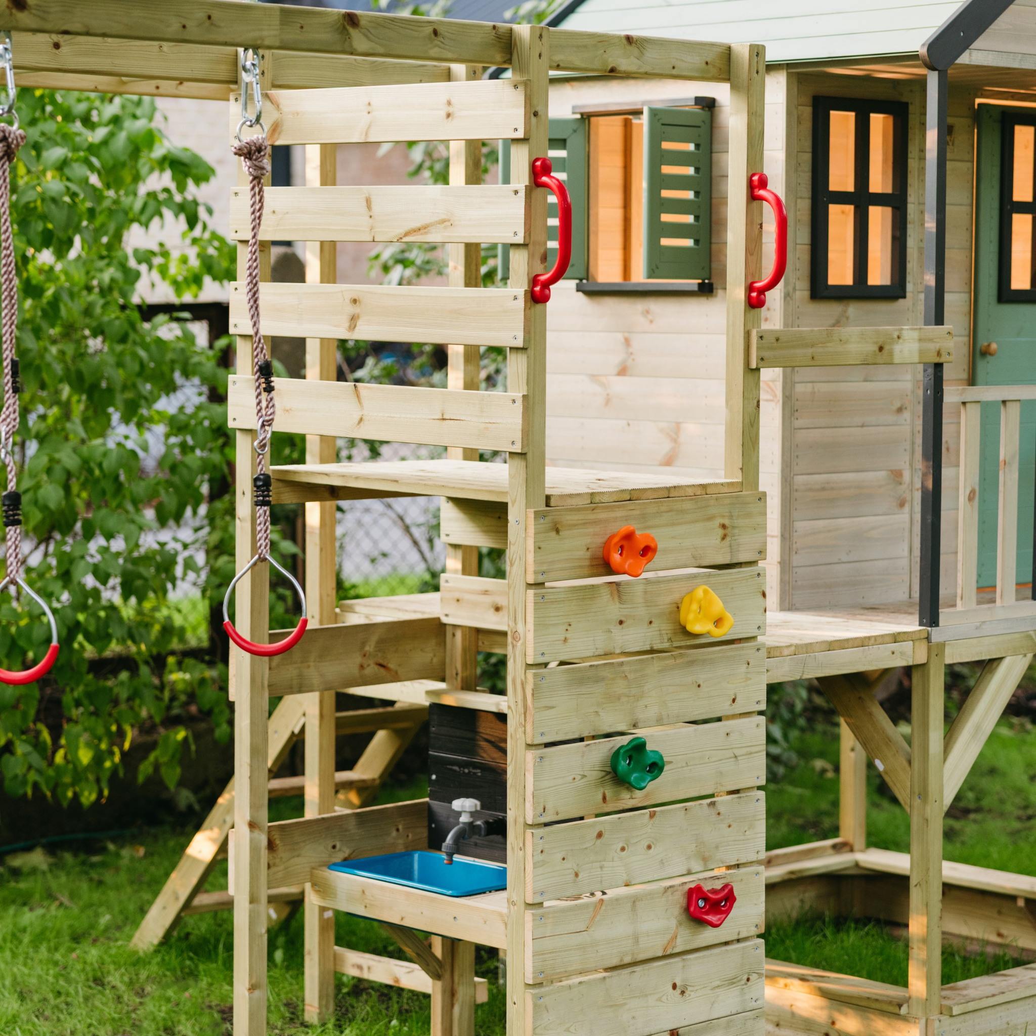 M60-GK Adventure Cottage House with Platform, Slide and Double Swing + Gym & Kitchen Attachment