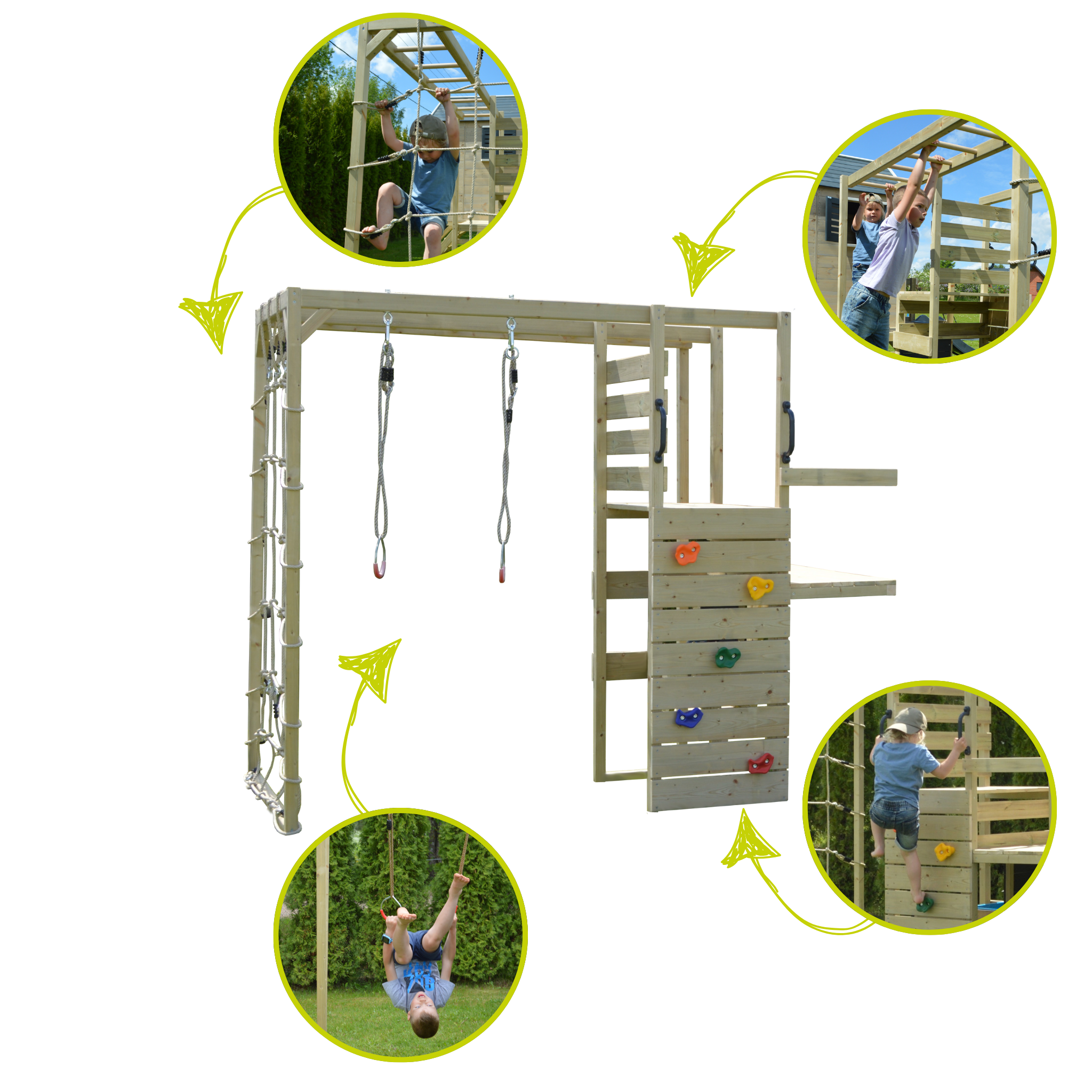 M50-G Adventure Cottage House with Platform, Slide and Single Swing + Gym Attachment