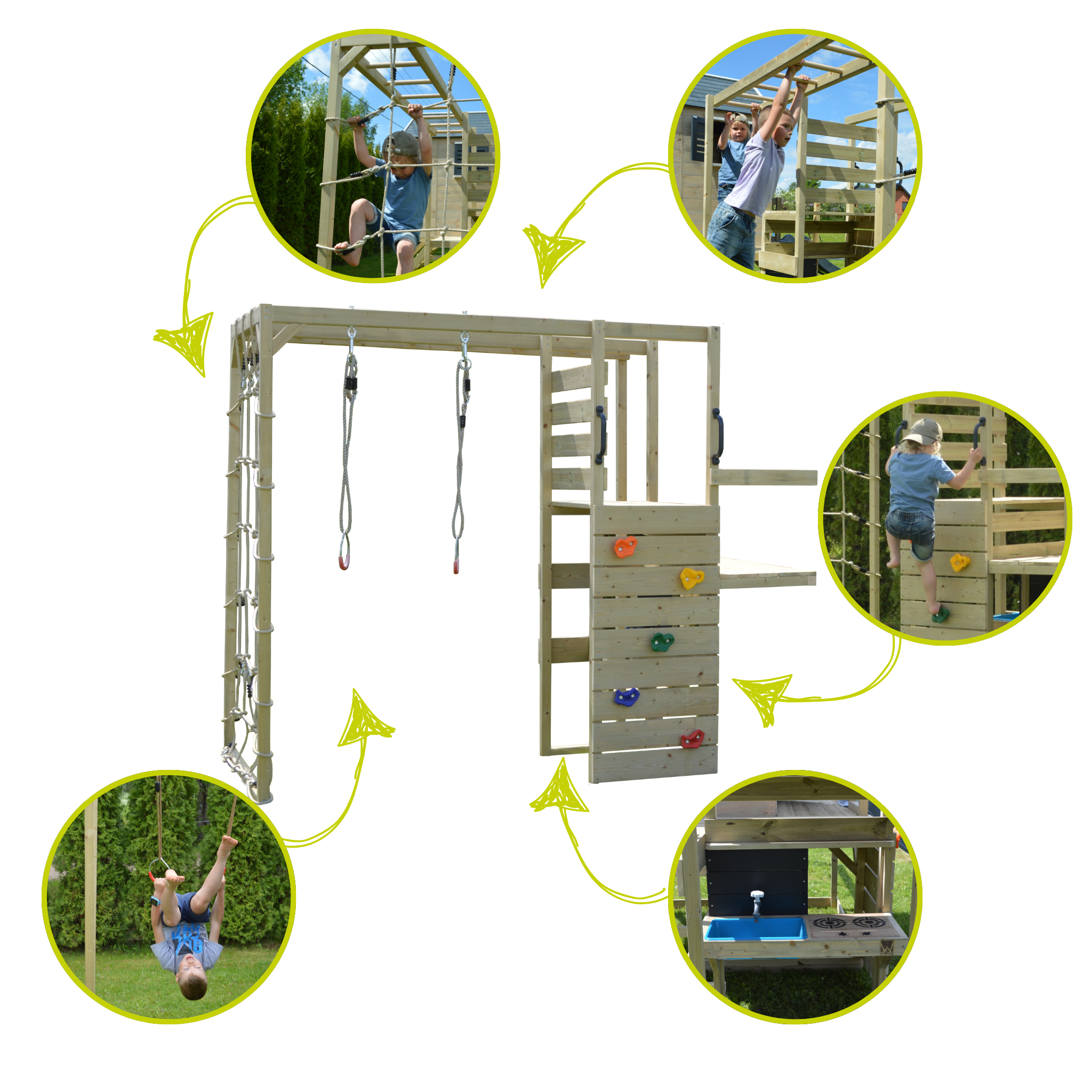 M29R-GK Summer Adventure House with Platform, Slide and Double Swing + Gym & Kitchen Attachment