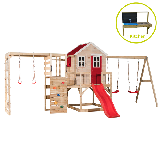 M28-GK My Lodge with Platform, Slide and Double Swing + Gym & Kitchen Attachment