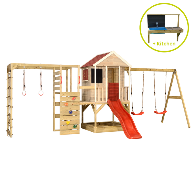 M29R-GK Summer Adventure House with Platform, Slide and Double Swing + Gym & Kitchen Attachment