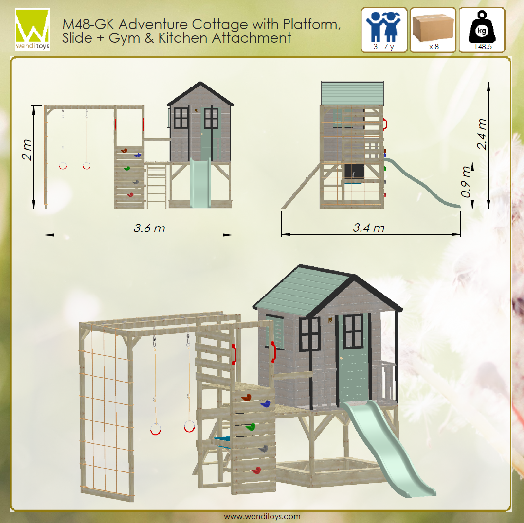 M48-GK Adventure Cottage House with Platform and Slide + Gym & Kitchen Attachment