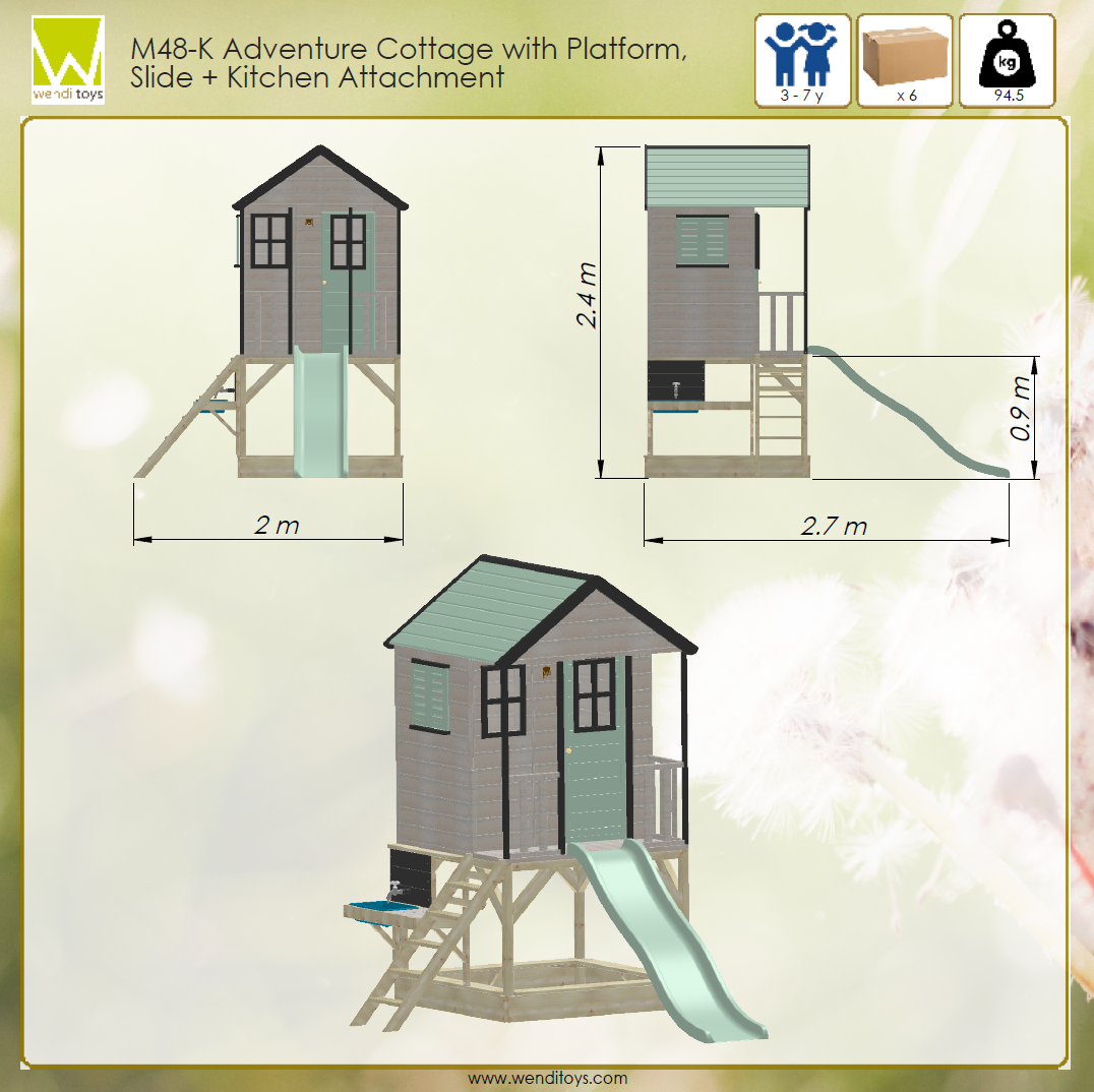 M48-K Adventure Cottage House with Platform and Slide + Kitchen Attachment