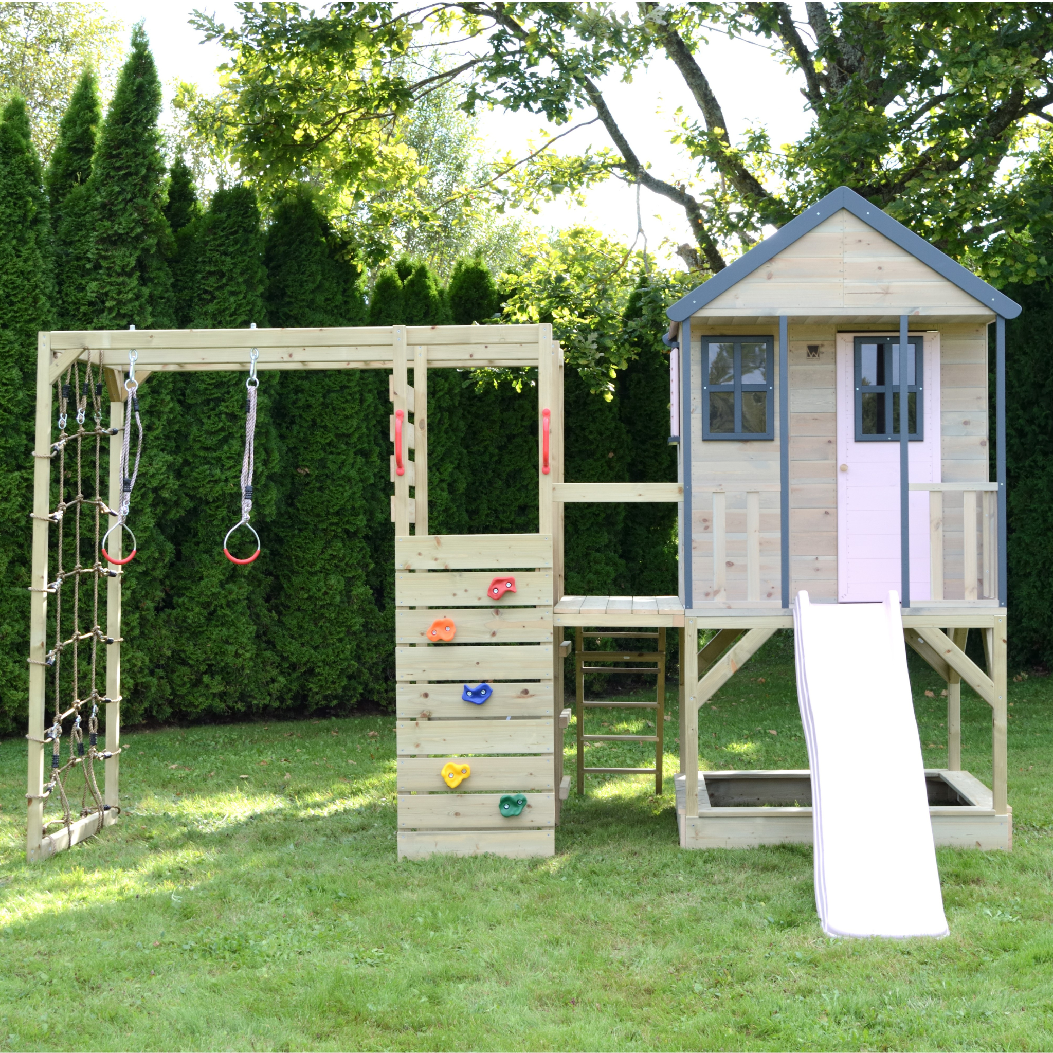 M48-GK Adventure Cottage House with Platform and Slide + Gym & Kitchen Attachment