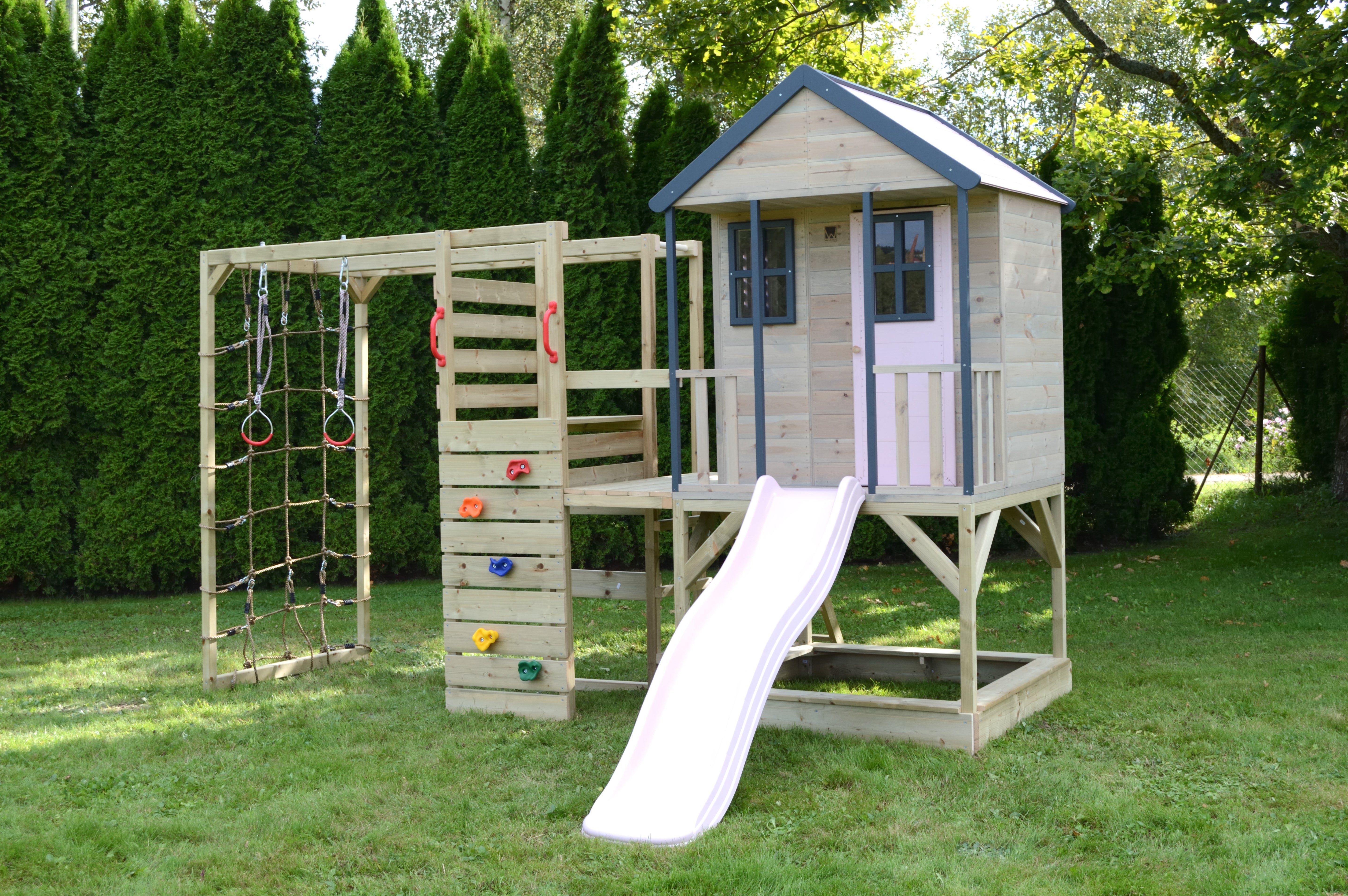 M48-GK Adventure Cottage House with Platform and Slide + Gym & Kitchen Attachment